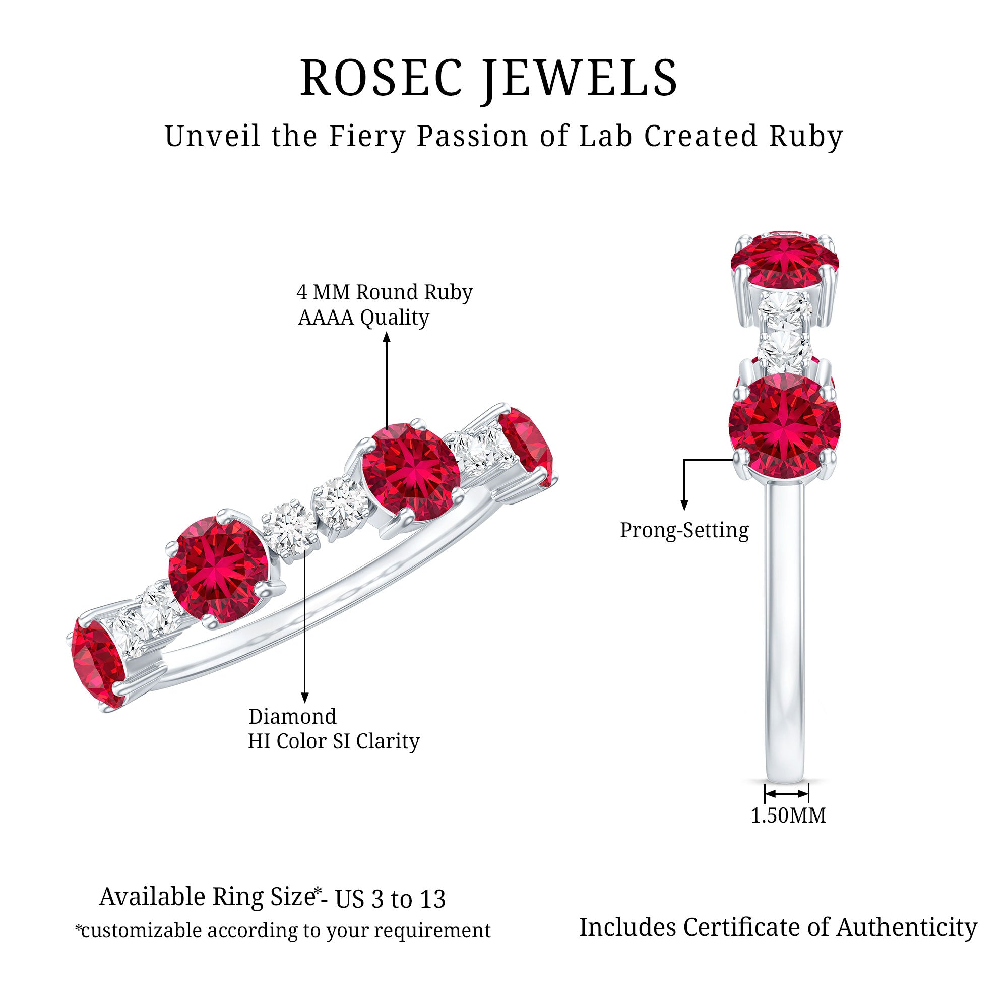 Certified Lab Grown Ruby Half Eternity Ring with Diamond AAAA - Rosec Jewels