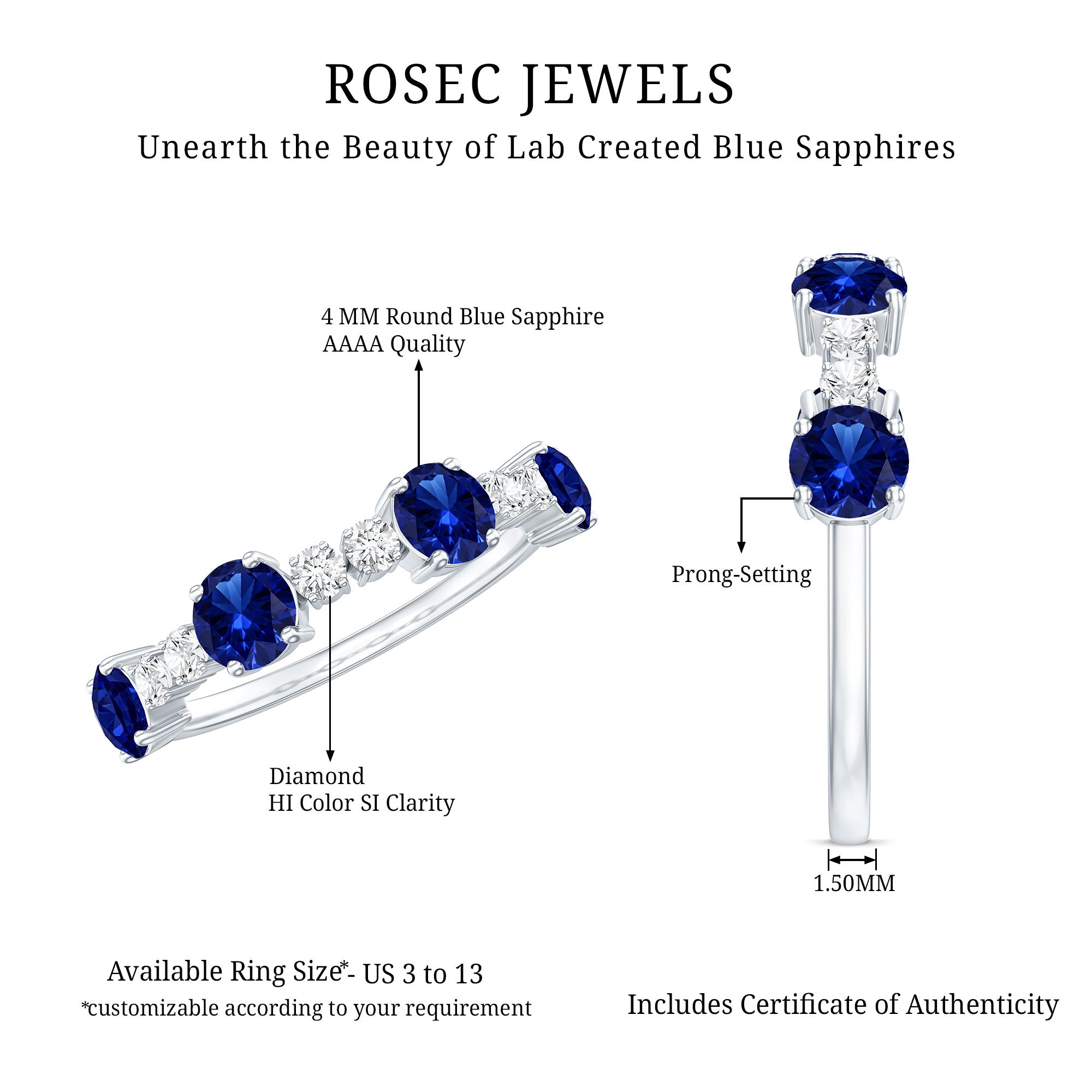 Certified Lab Grown Blue Sapphire Half Eternity Anniversary Ring with Diamond AAAA - Rosec Jewels