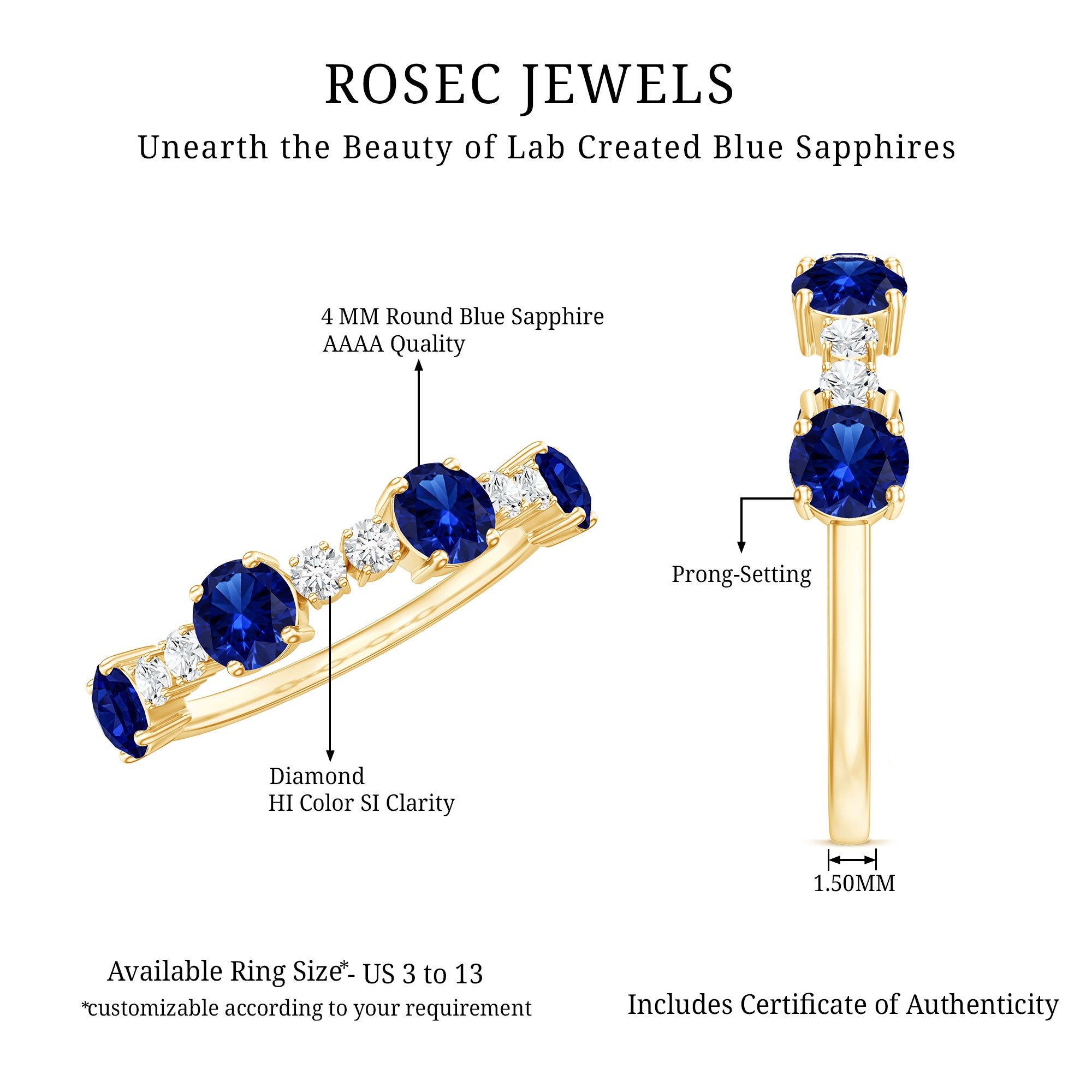 Certified Lab Grown Blue Sapphire Half Eternity Anniversary Ring with Diamond AAAA - Rosec Jewels