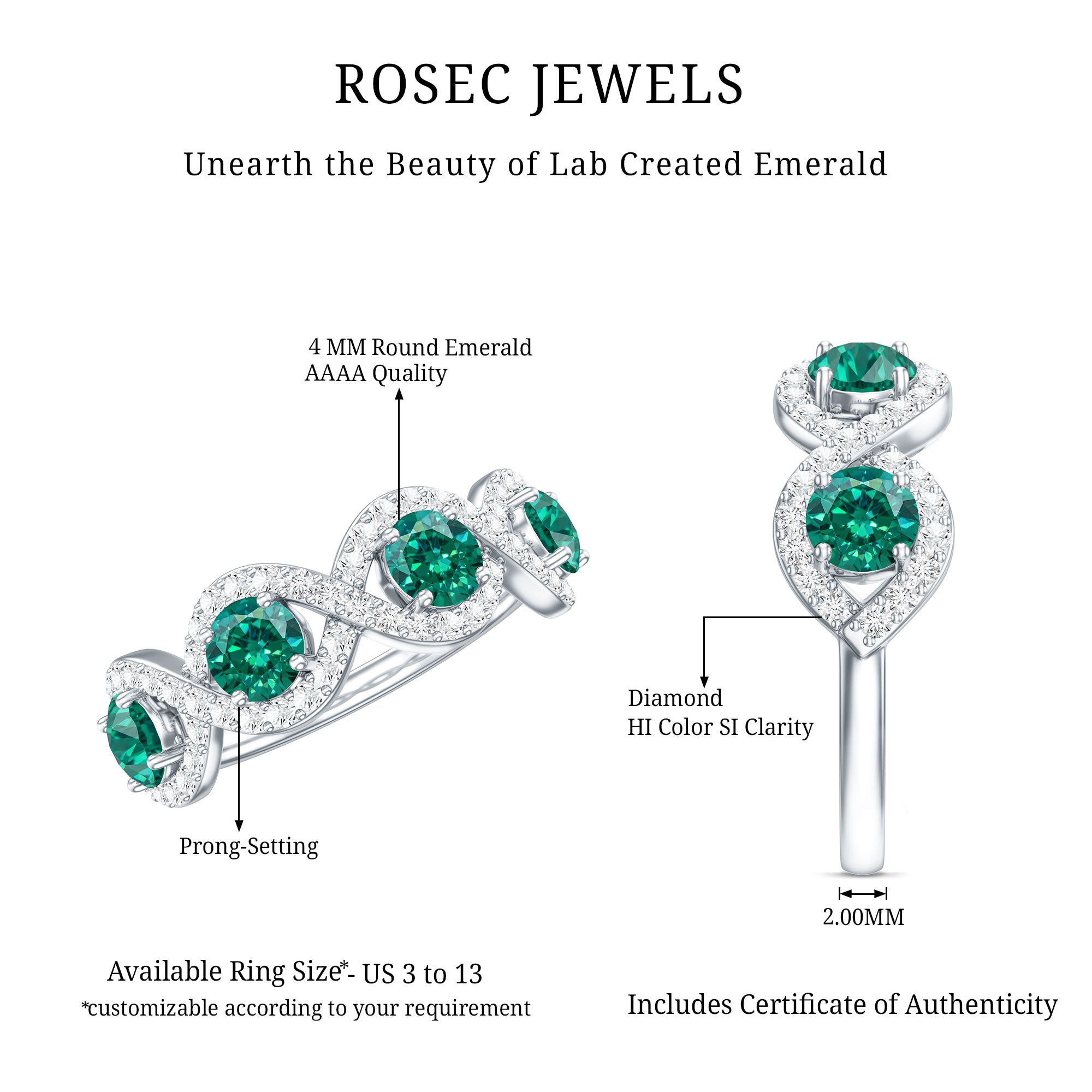 Certified Lab Grown Emerald Diamond Infinity Half Eternity Band AAAA - Rosec Jewels