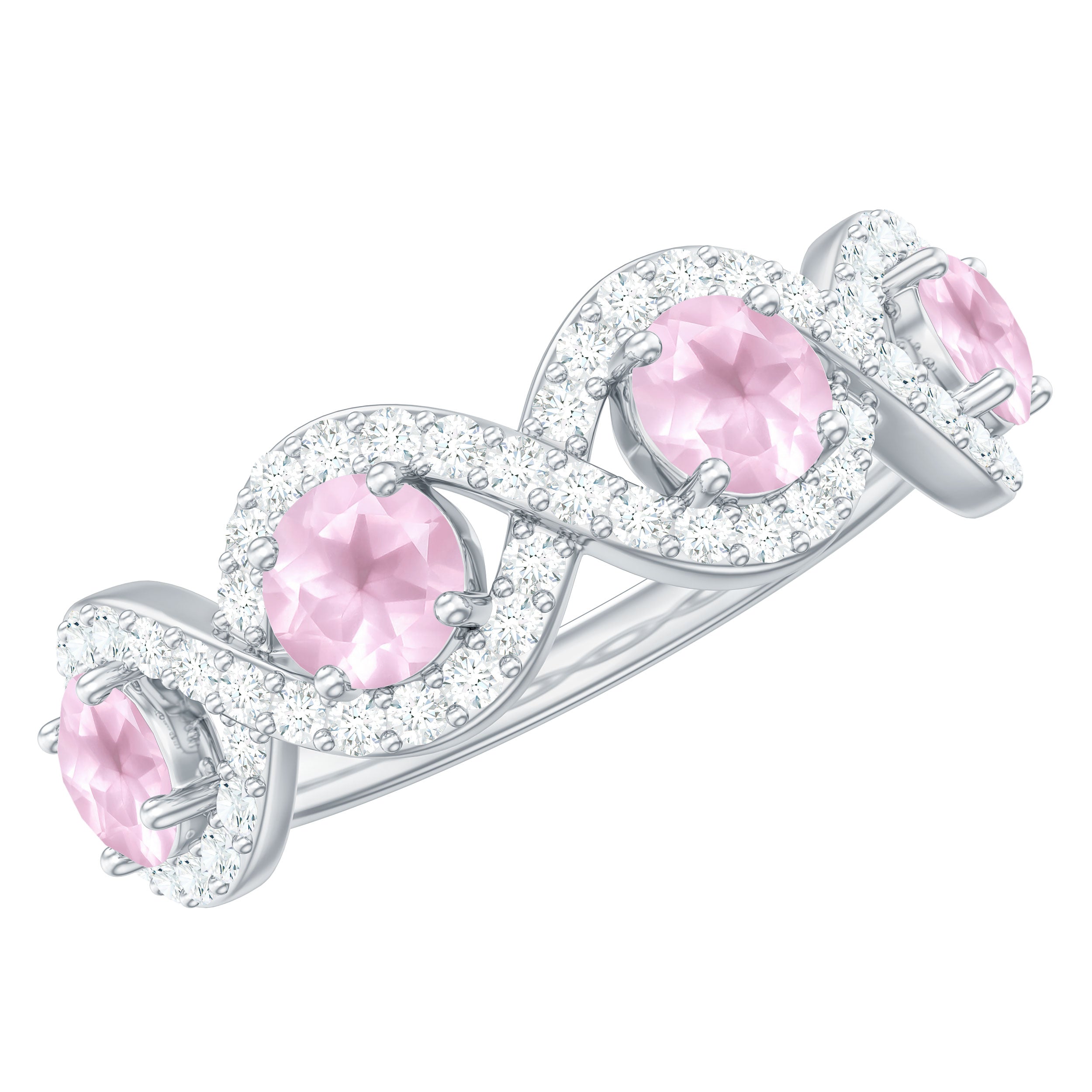 Real Rose Quartz and Diamond Braided Half Eternity Ring