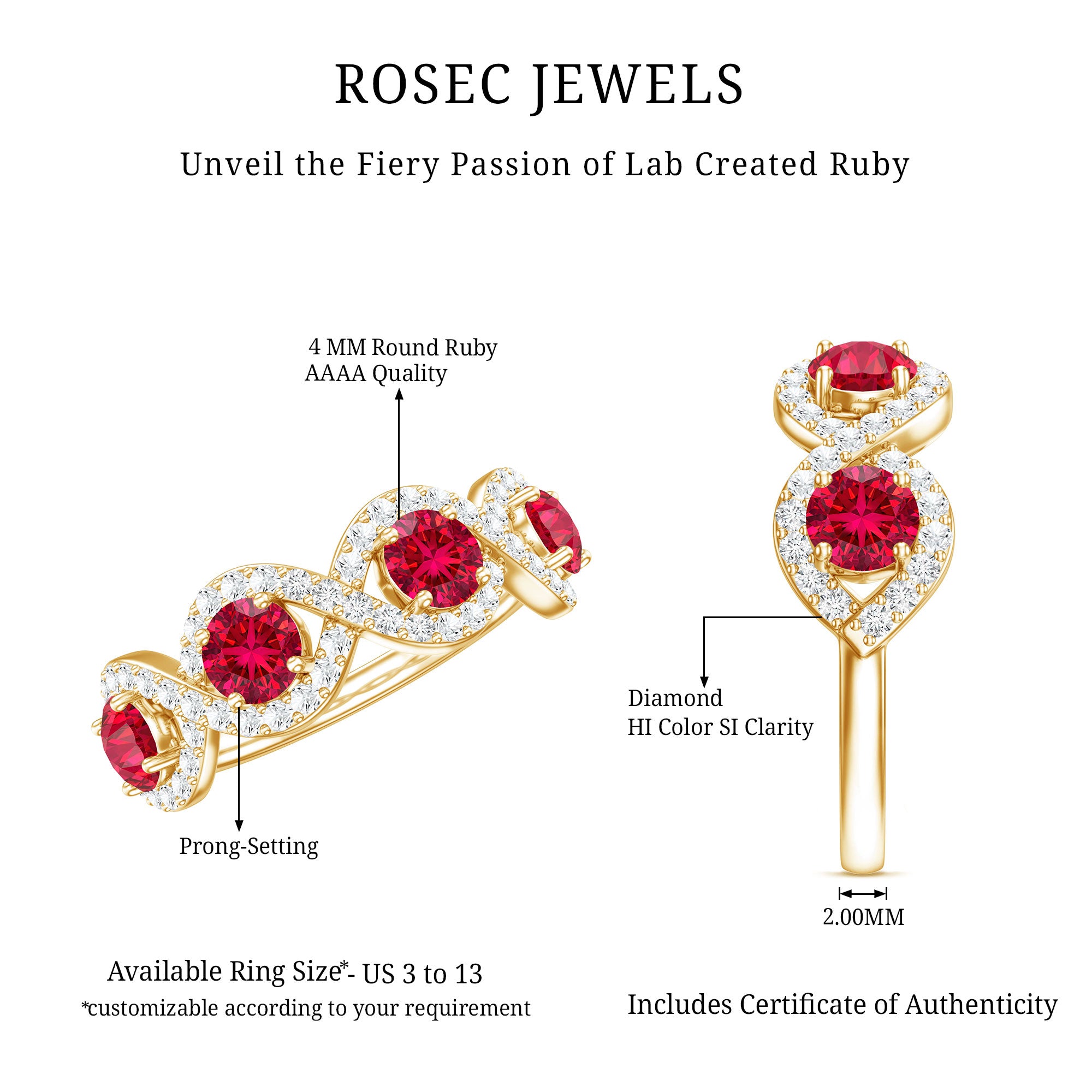 Certified Lab Created Ruby Half Eternity Infinity Ring with Diamond AAAA - Rosec Jewels