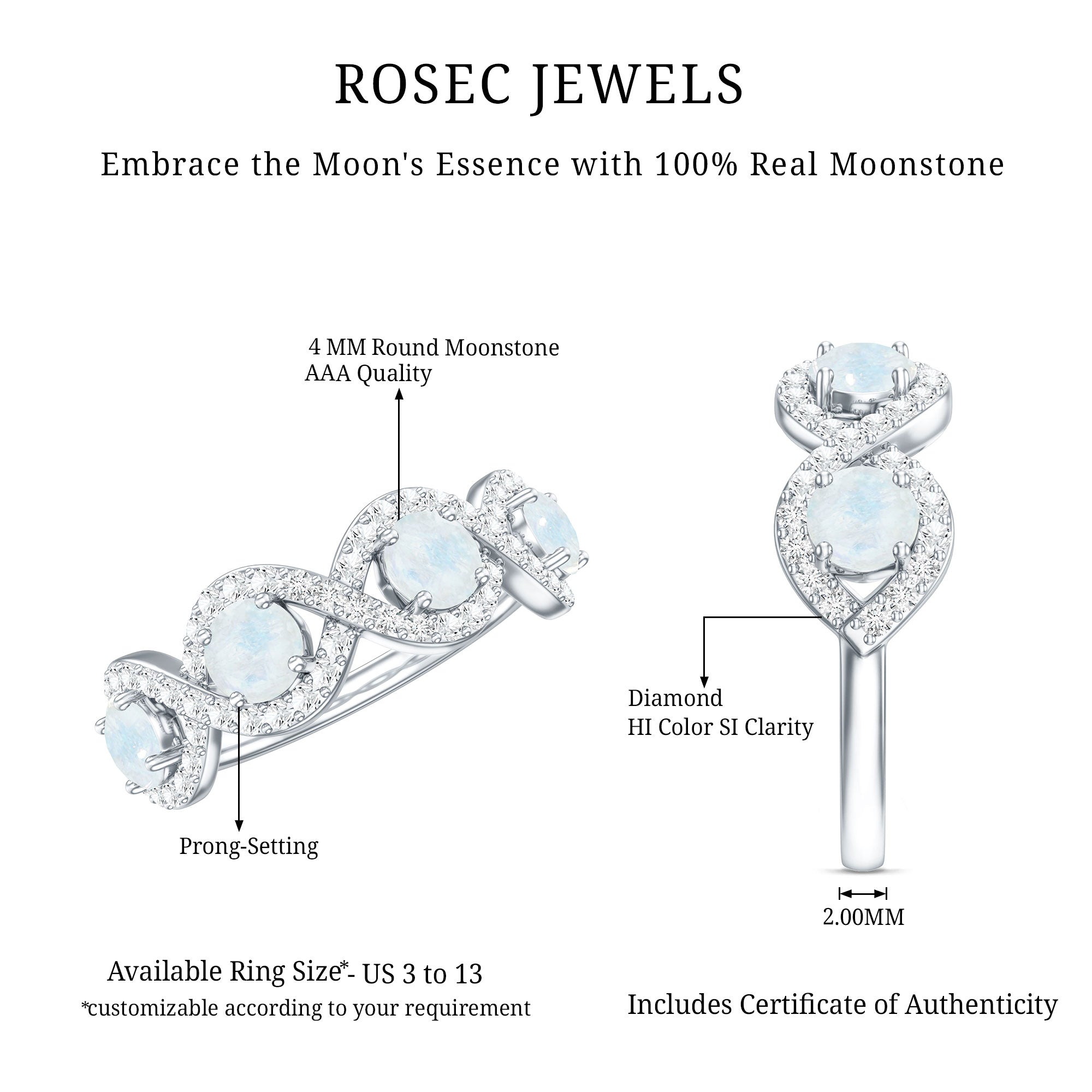 Genuine Moonstone Half Eternity Ring with Diamond AAA - Rosec Jewels