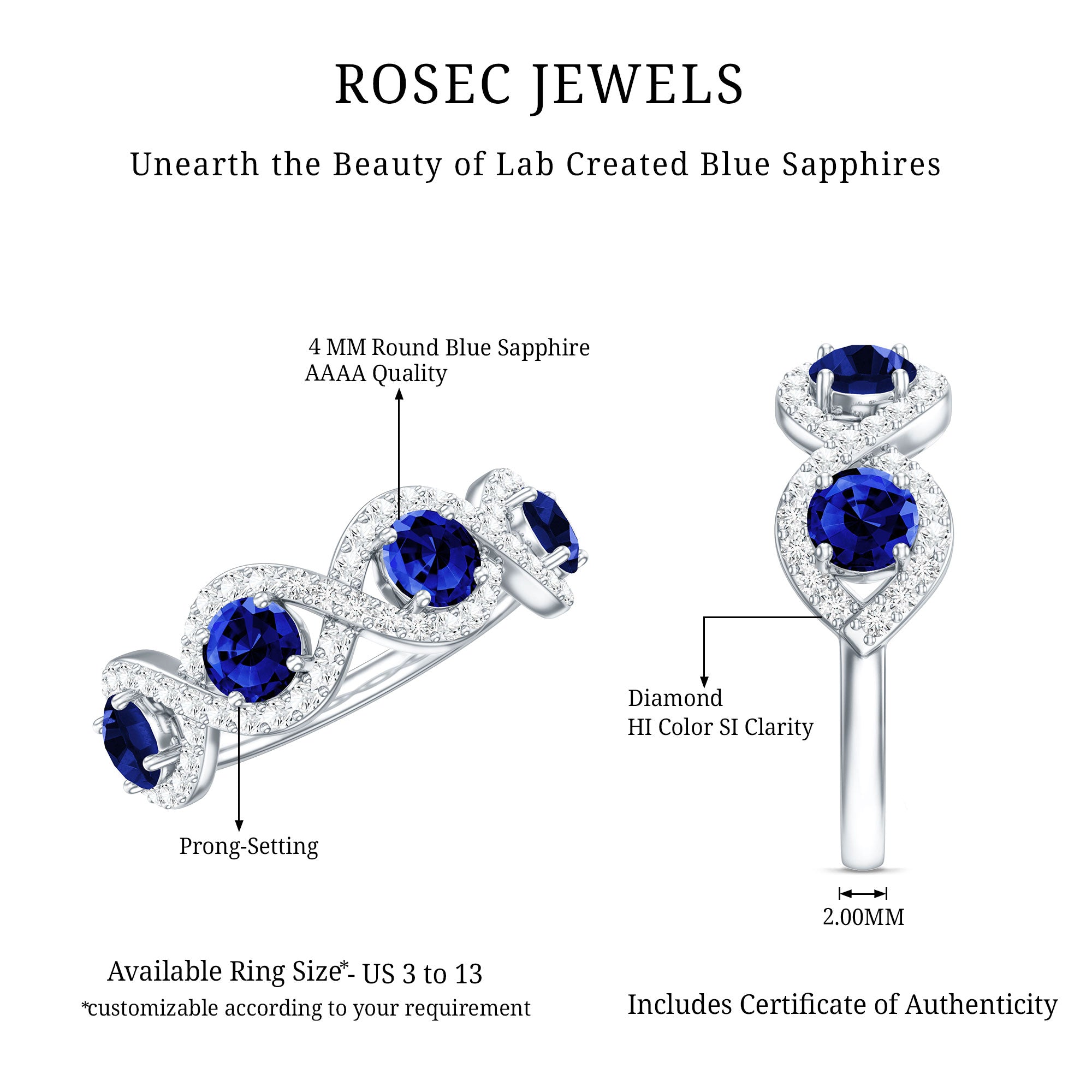2 CT Lab-Created Blue Sapphire and Diamond Braided Half Eternity Band Ring AAAA - Rosec Jewels