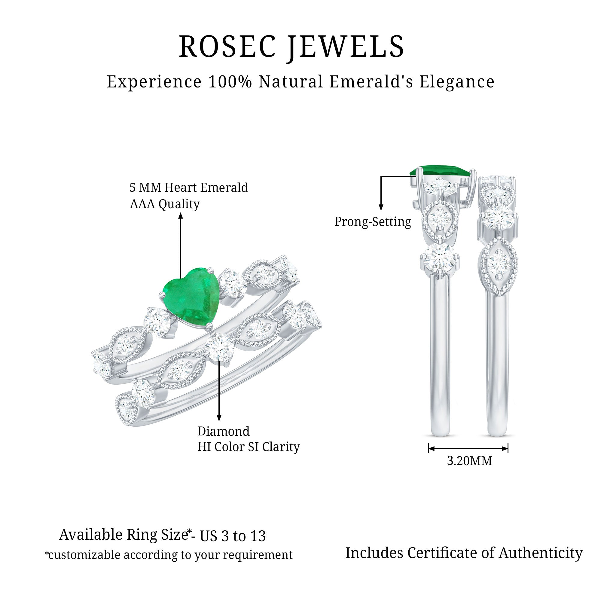 Natural Emerald Heart Shaped Engagement Ring and Diamond Wedding Band AAA - Rosec Jewels