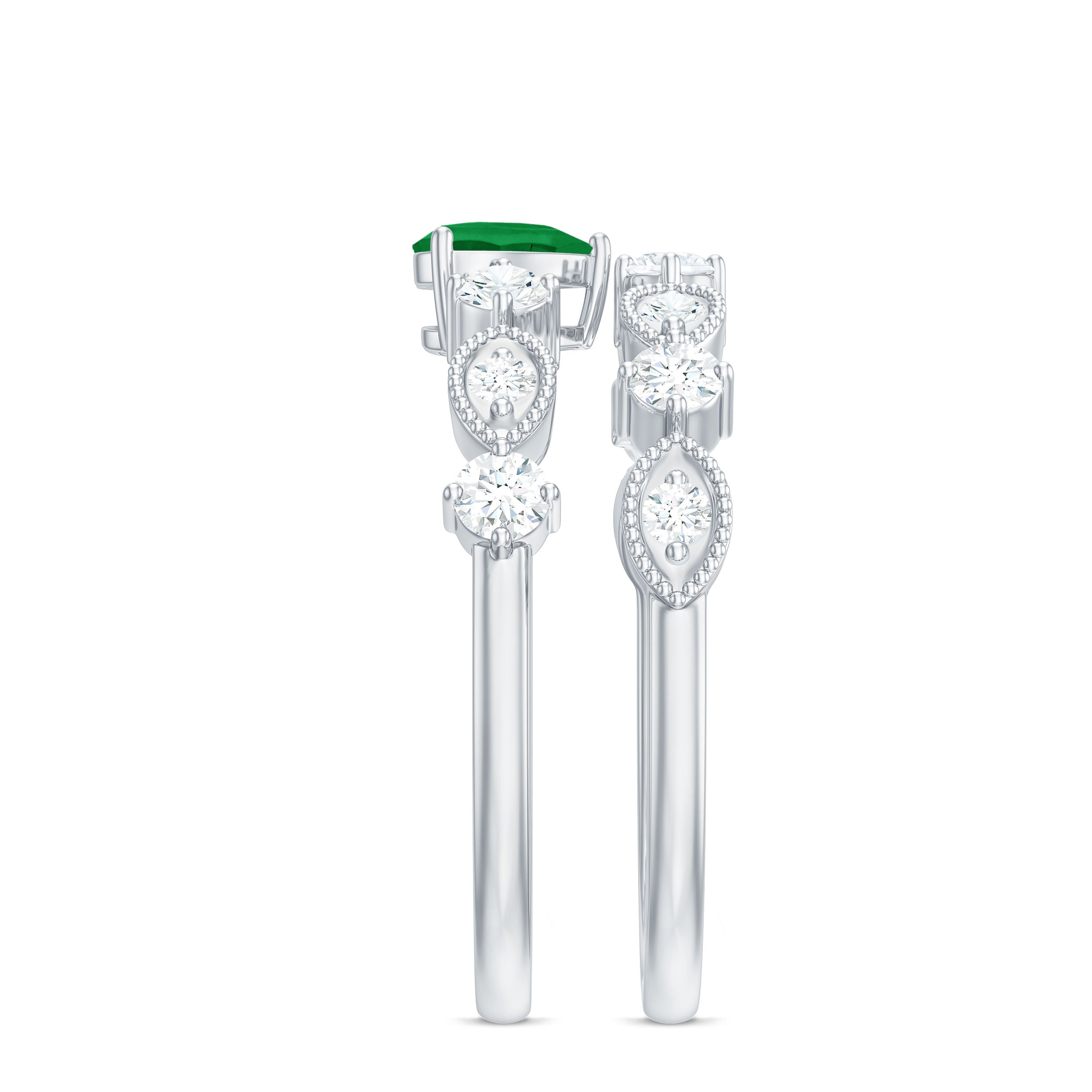 Natural Emerald Heart Shaped Engagement Ring and Diamond Wedding Band AAA - Rosec Jewels
