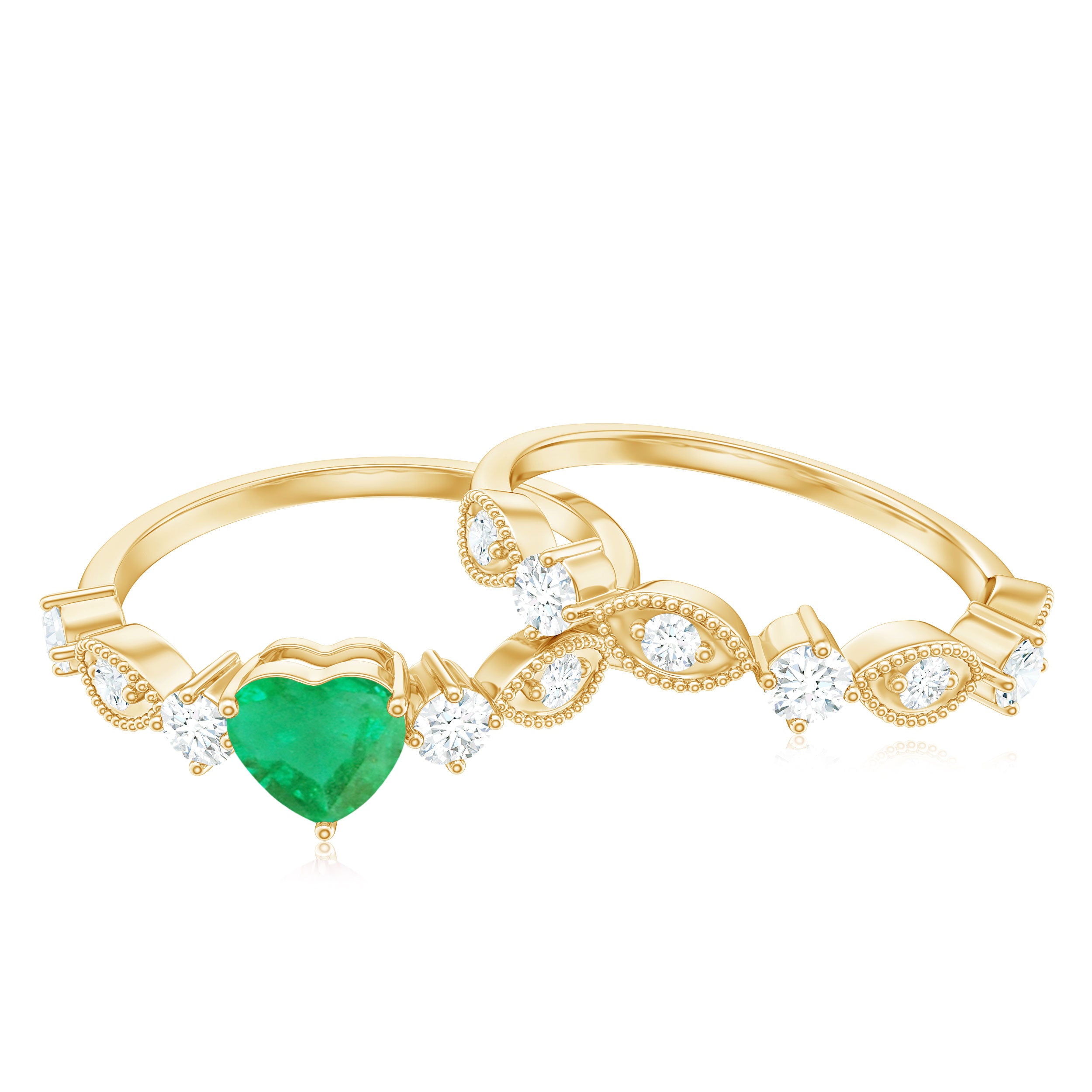 Natural Emerald Heart Shaped Engagement Ring and Diamond Wedding Band AAA - Rosec Jewels