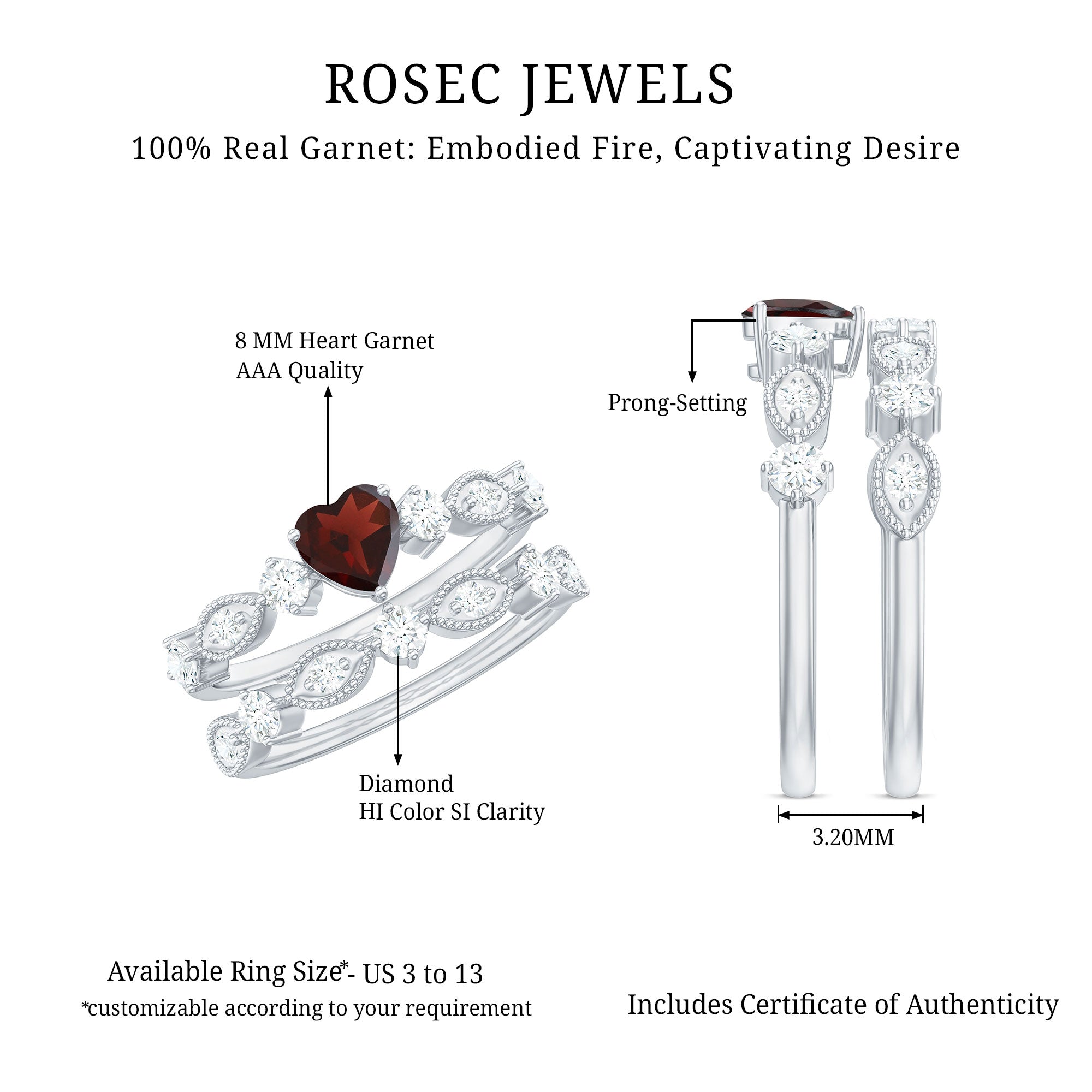 Rosec Jewels-Natural Garnet Diamond Heart Engagement Ring with Wedding Band