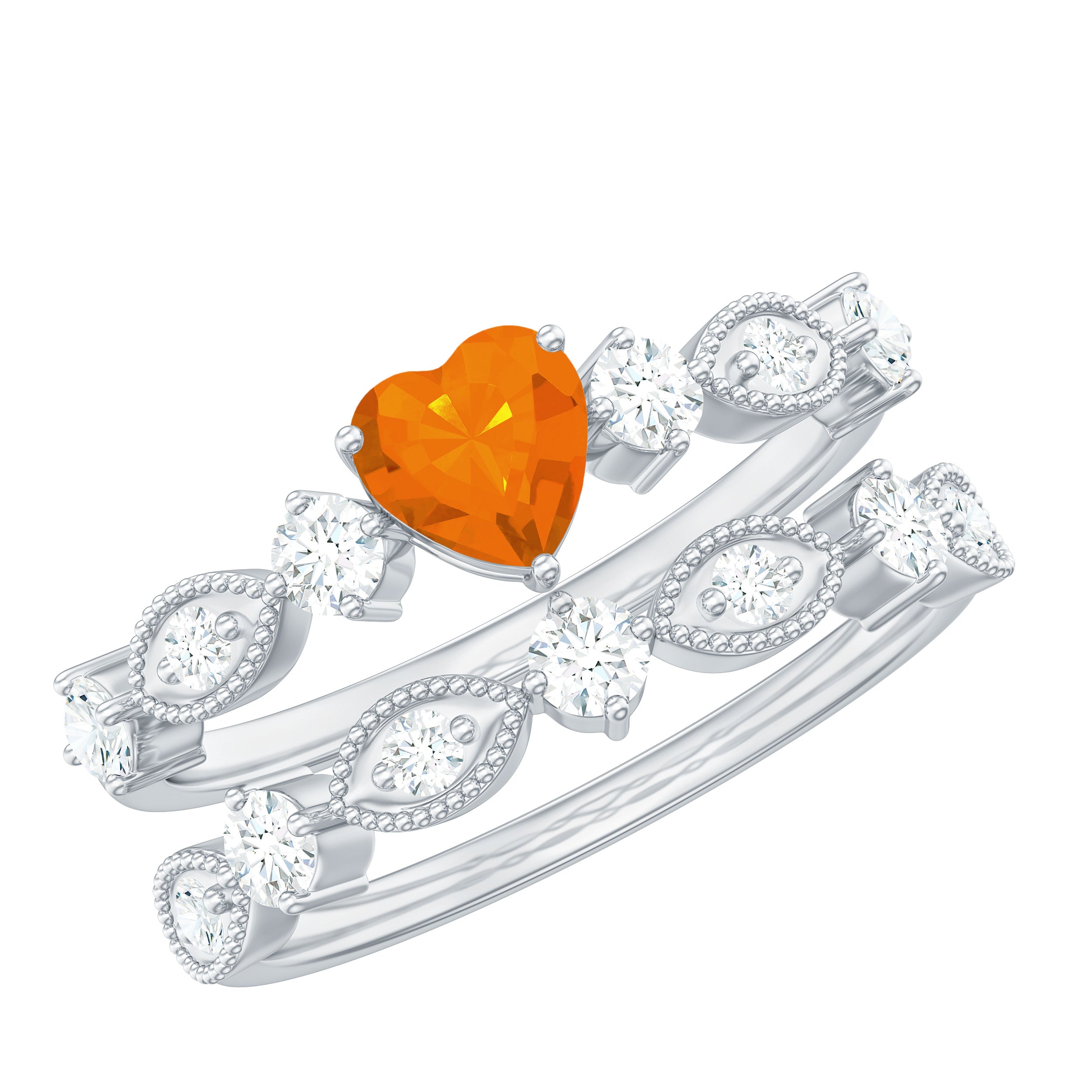 Heart Fire Opal and Moissanite Wedding Ring Set