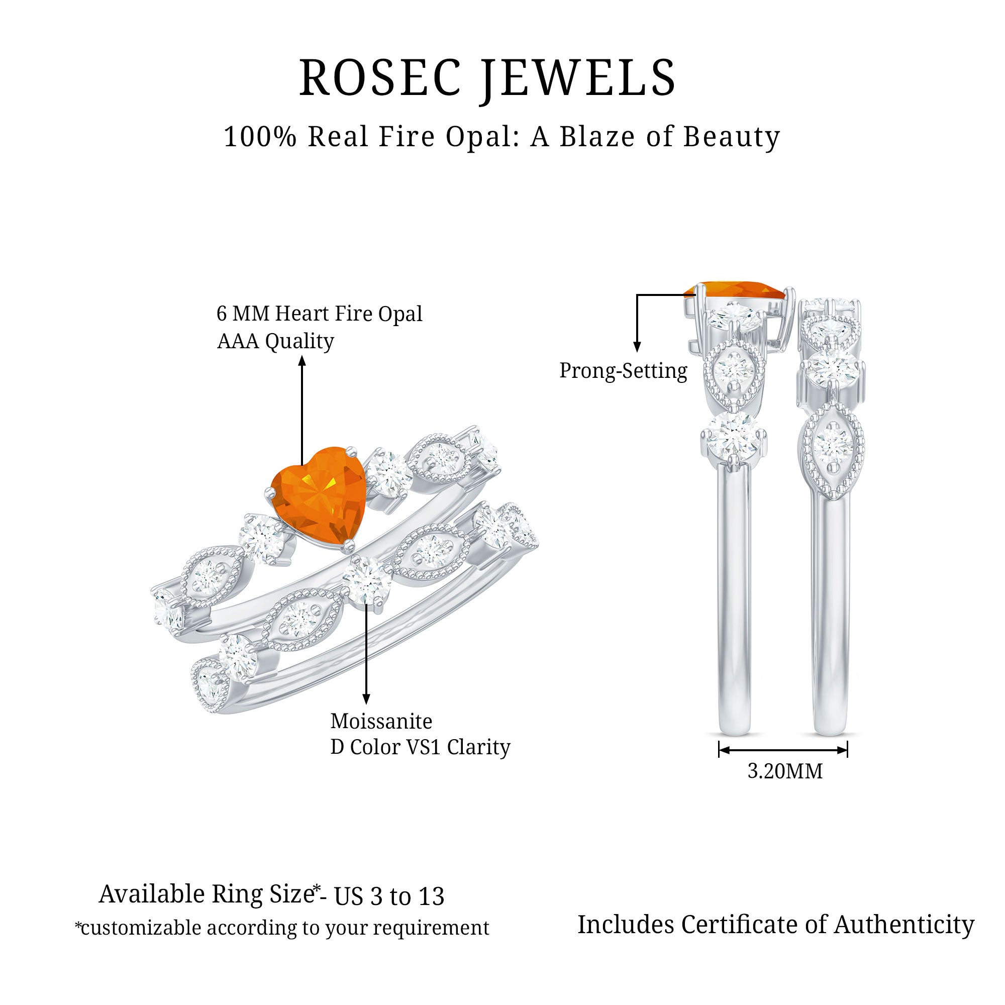 Rosec Jewels-Vintage Inspired Fire Opal and Diamond Wedding Ring Set