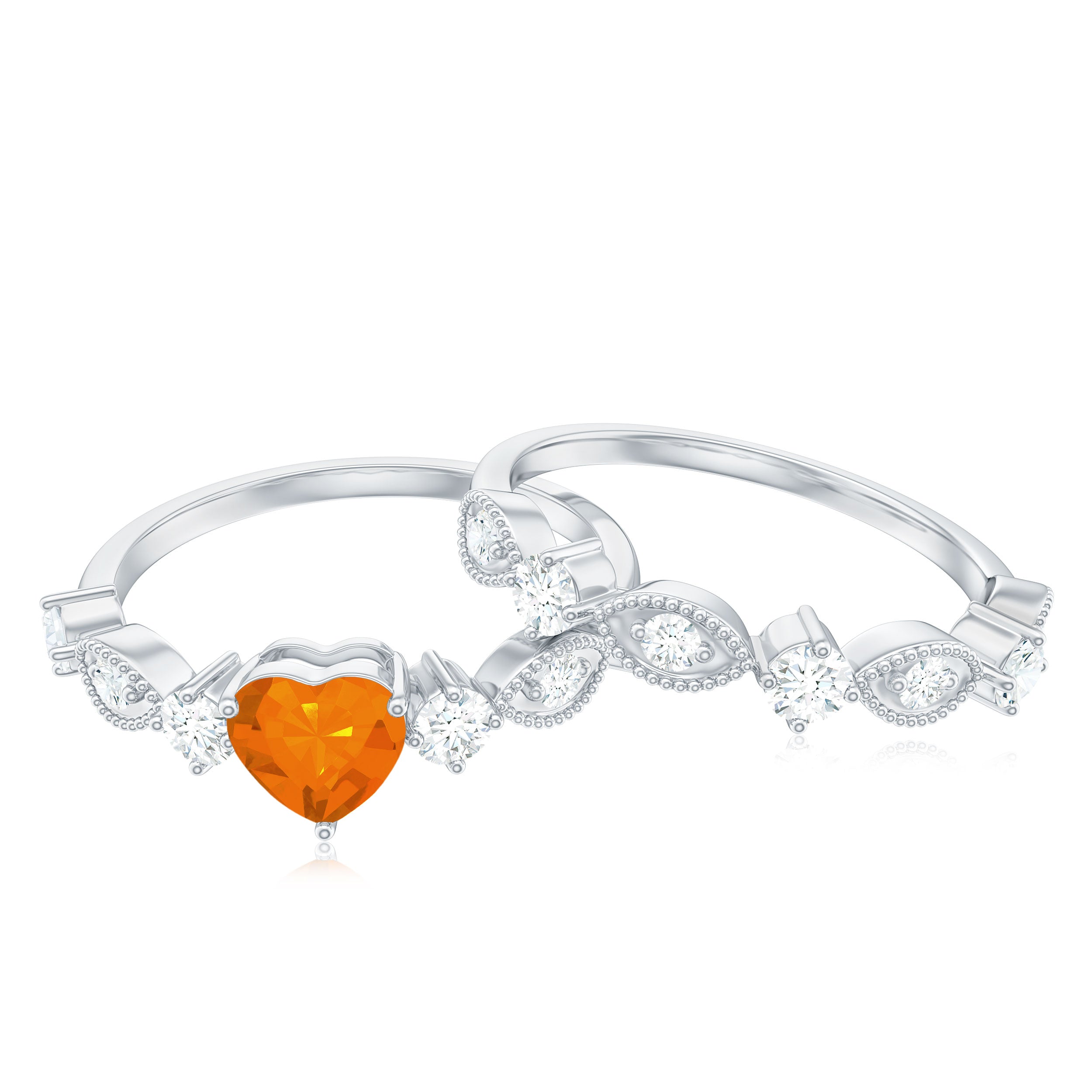 Rosec Jewels-Vintage Inspired Fire Opal and Diamond Wedding Ring Set