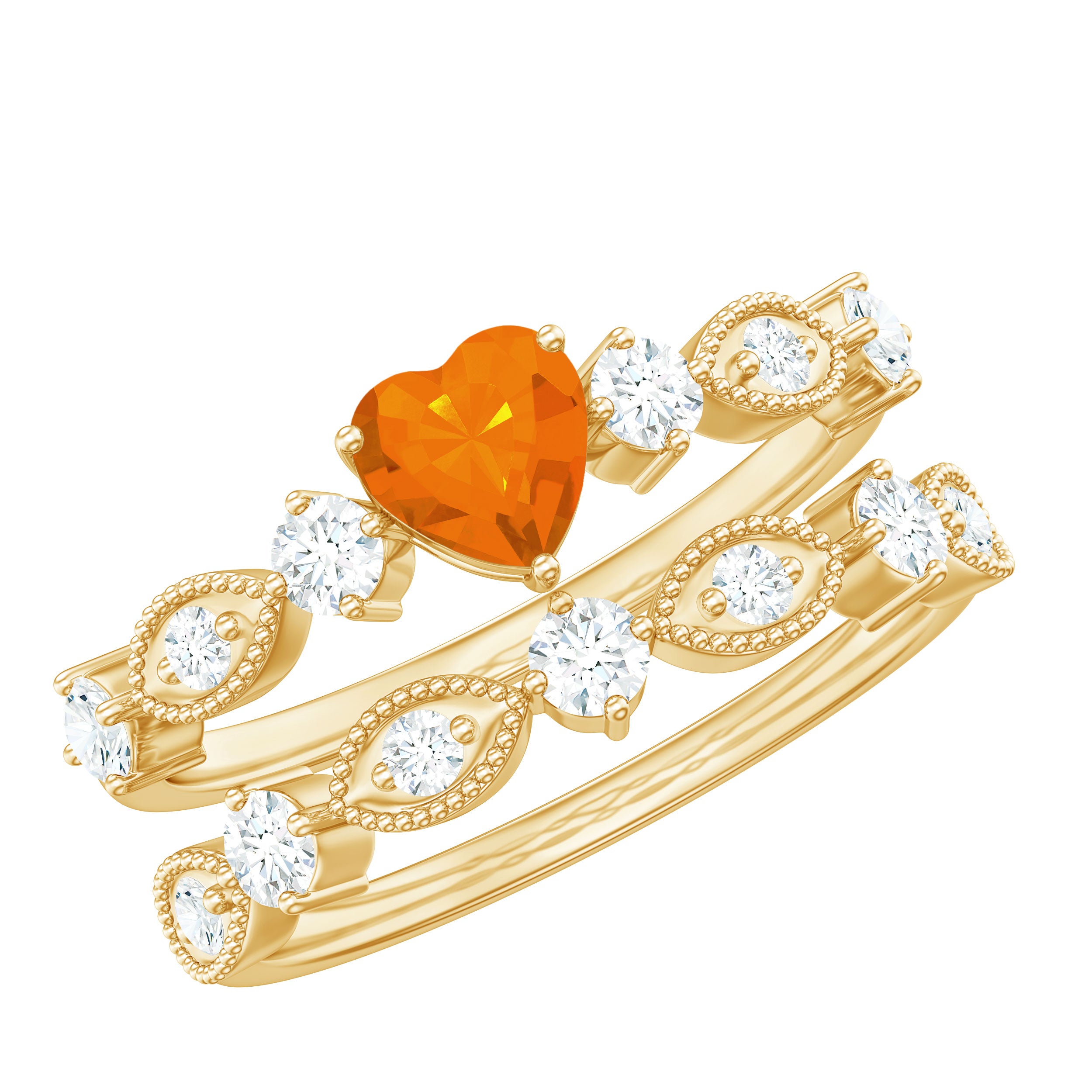Vintage Inspired Fire Opal and Diamond Wedding Ring Set AAA - Rosec Jewels