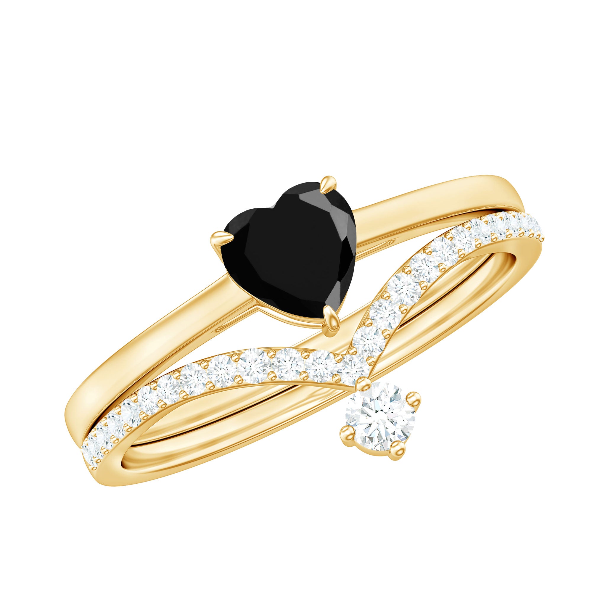 Heart Shape Created Black Diamond Solitaire Ring Set with Diamond AAAA ( Synthetic ) - Rosec Jewels