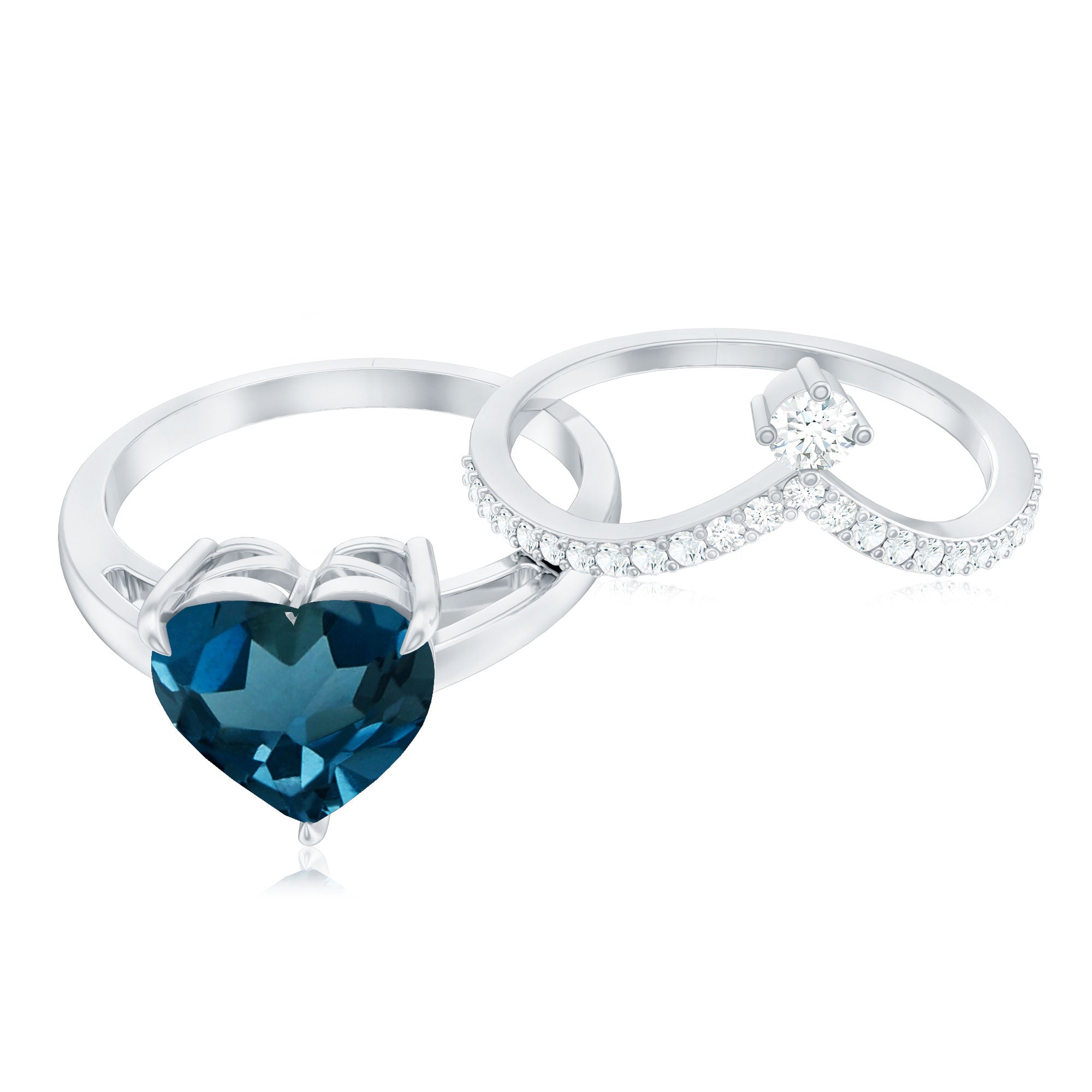 8mm Heart Shaped London Blue Topaz Solitaire Ring Set with Diamond Curved Band AAA - Rosec Jewels