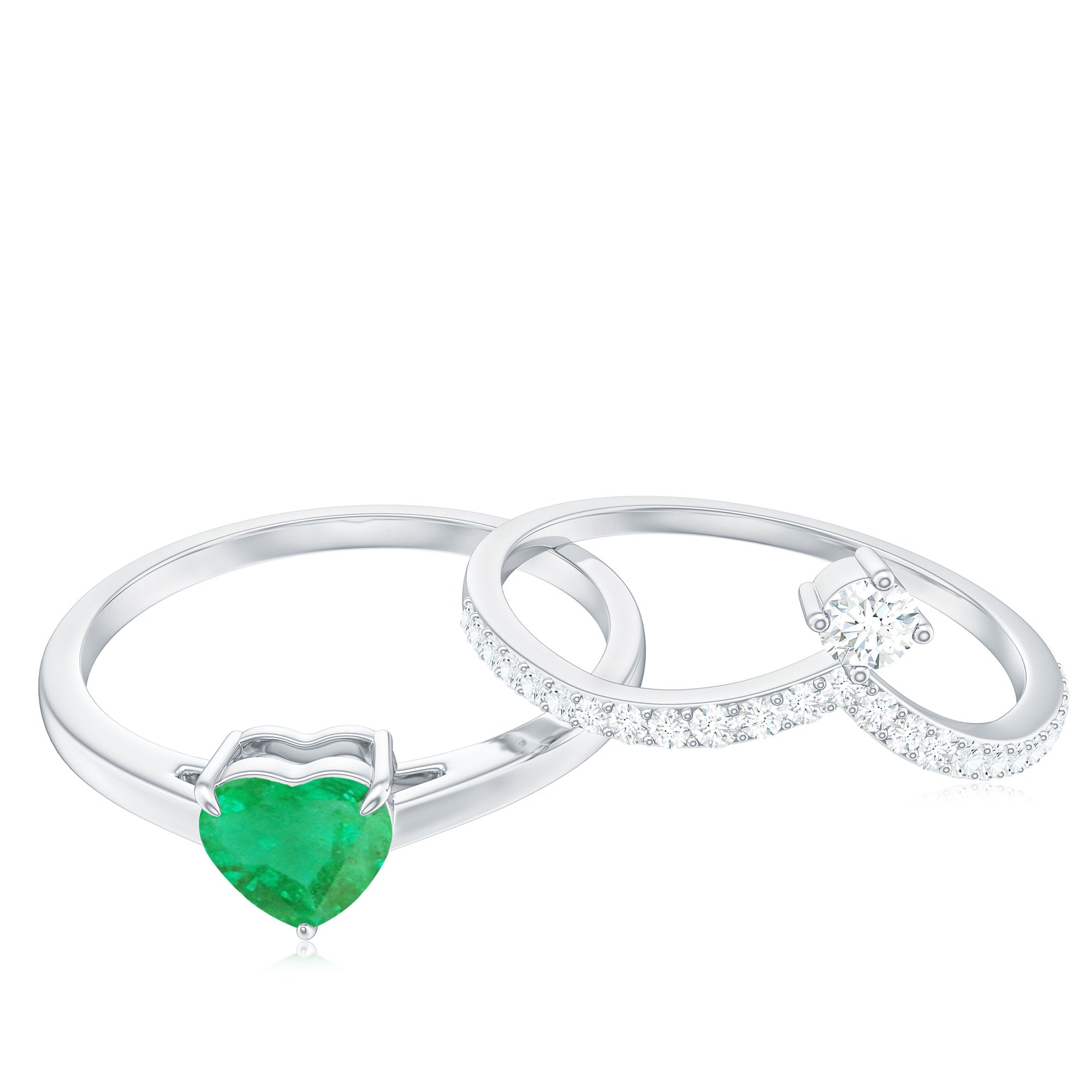 Certified Real Emerald Diamond Heart Wedding Ring Set AAA - Rosec Jewels