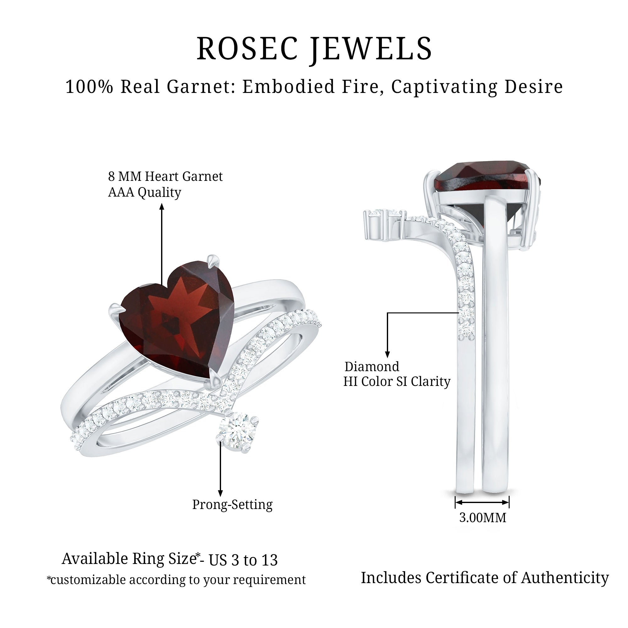 Natural Garnet Heart Shaped Engagement Ring with Diamond Enhancer AAA - Rosec Jewels