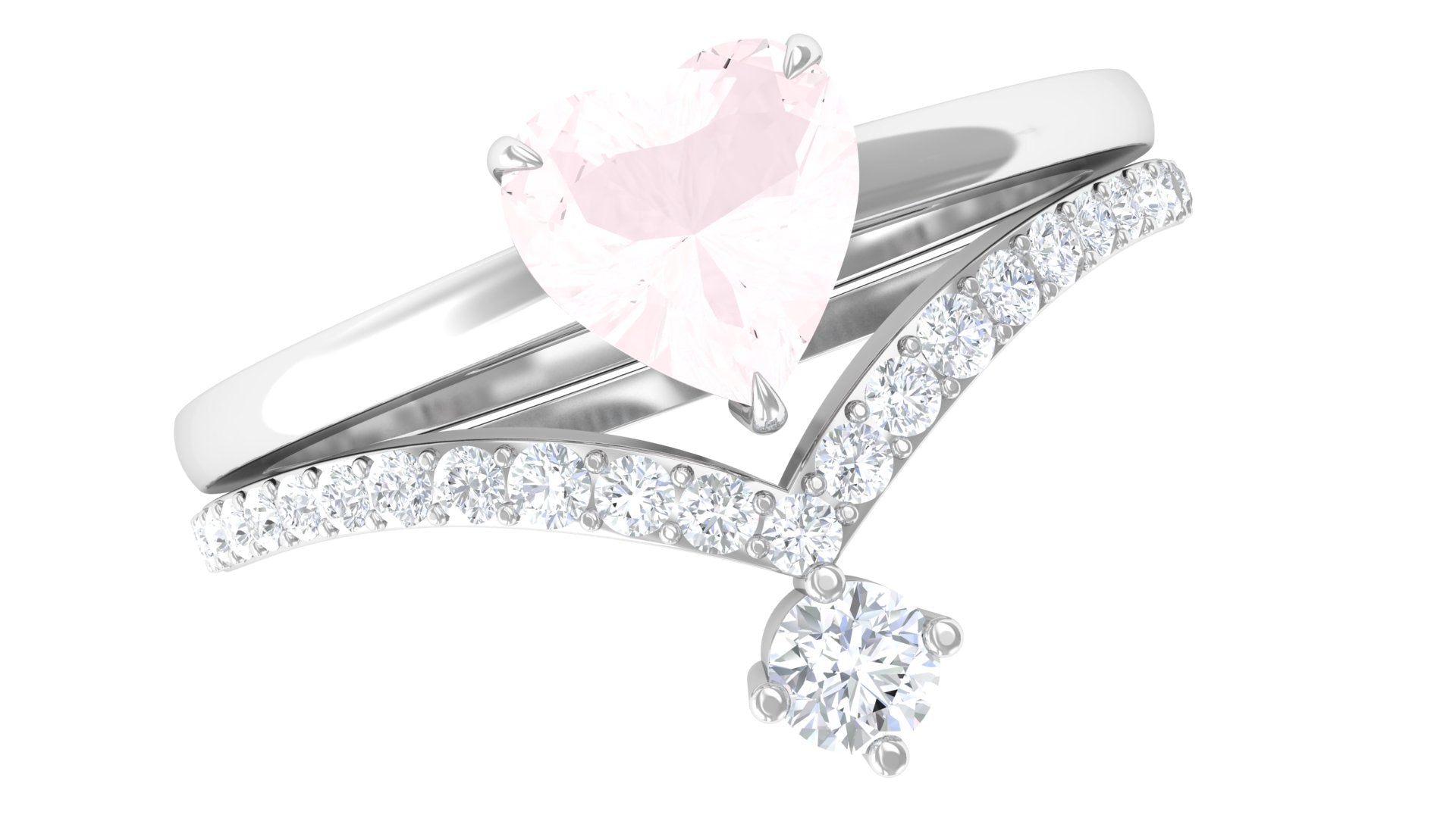 Certified Rose Quartz Heart Ring Set with Diamond