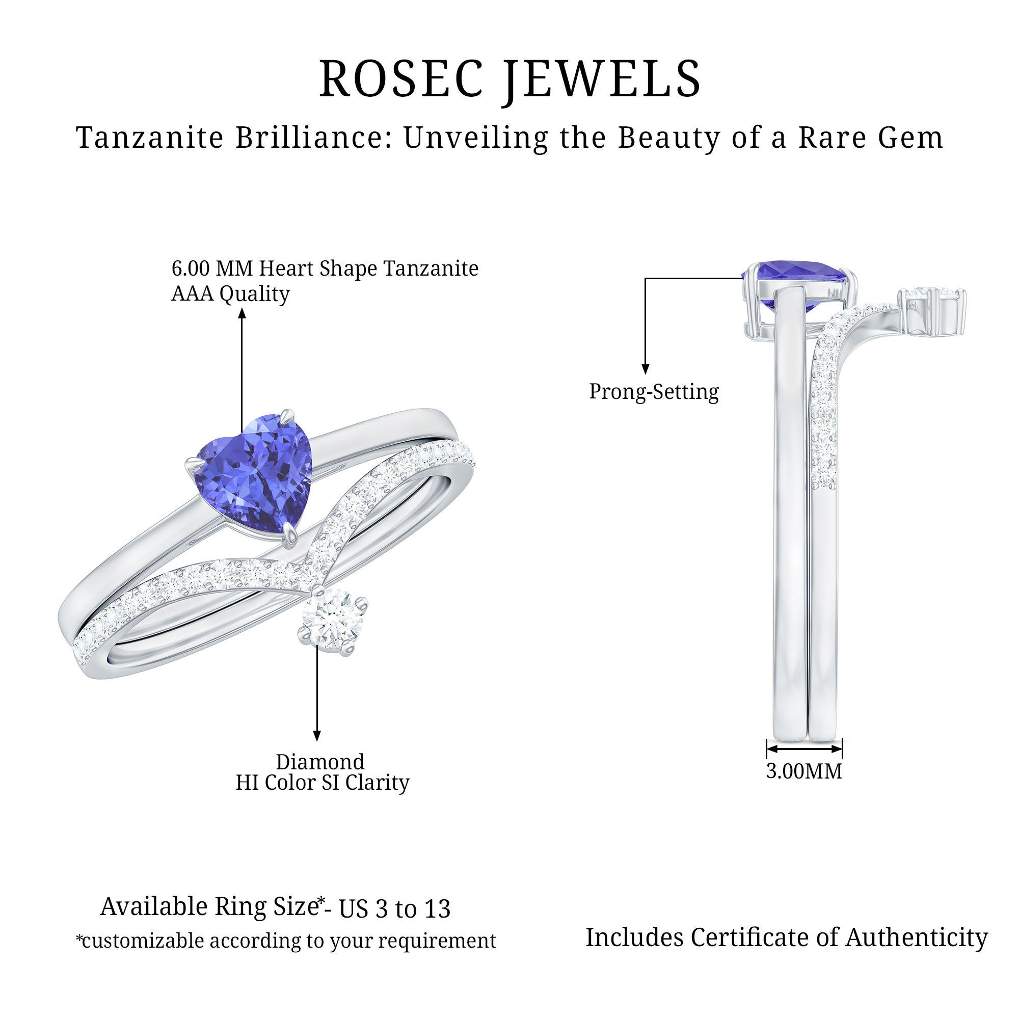 Rosec Jewels-Natural Tanzanite Heart Engagement Ring with Chevron Diamond Enhancer