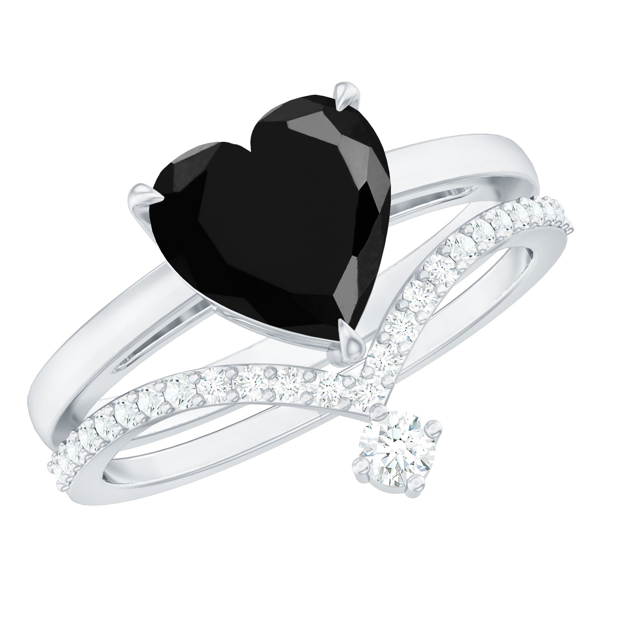 Genuine 2 Carat Black Spinel Heart Engagement Ring with Diamond Enhancer AAA - Rosec Jewels