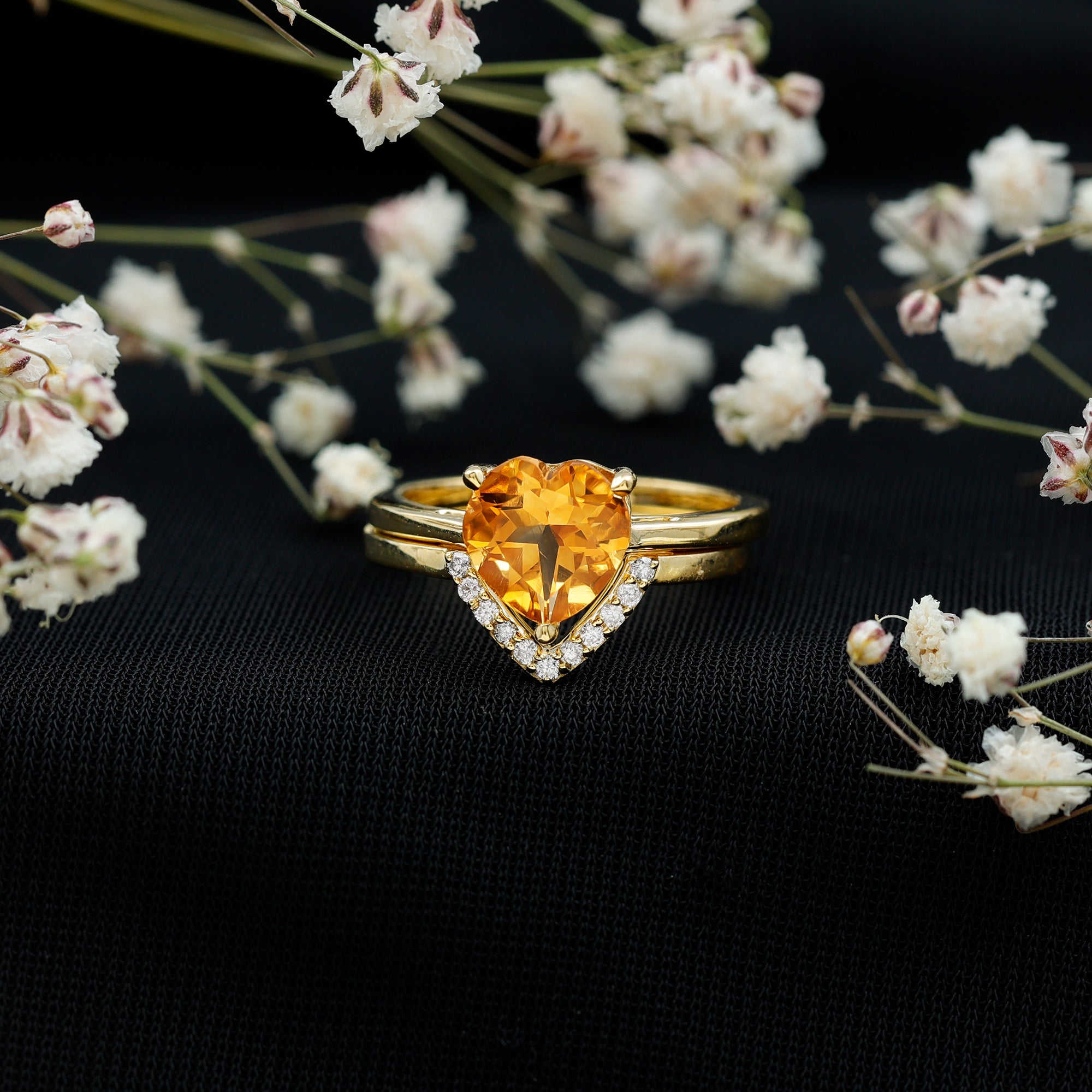 2 Carat Heart Shape Citrine and Diamond Bridal Ring Set AAA - Rosec Jewels
