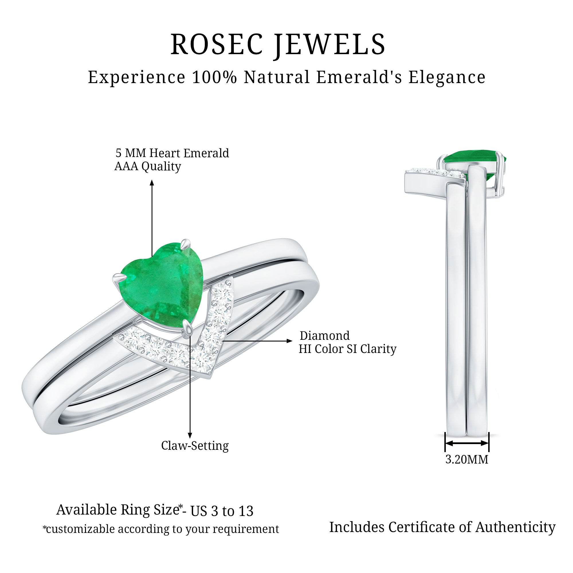 Natural Heart Shape Emerald Diamond Wedding Ring Set with Certificate AAA - Rosec Jewels