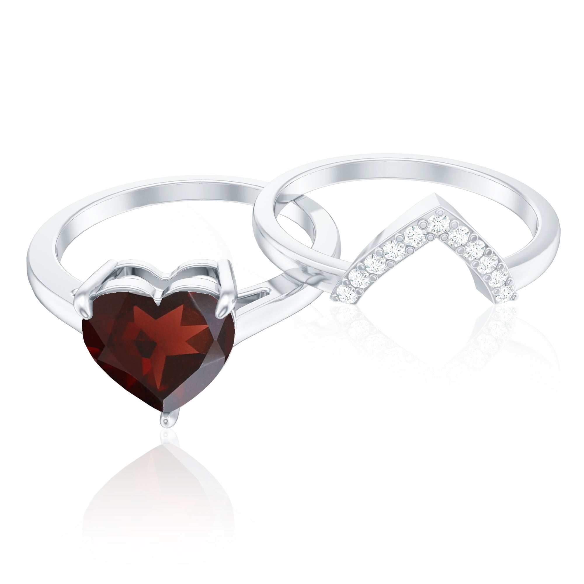 Real 8mm Garnet Diamond Heart Shaped Wedding Engagement Ring Set of 2 AAA - Rosec Jewels