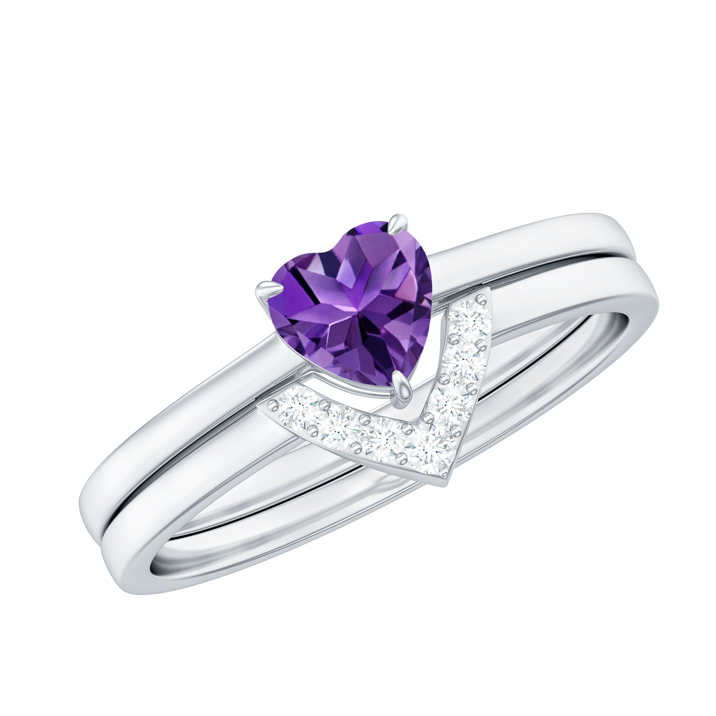 Natural Heart Shape Amethyst Engagement Ring Set with Diamond AAA - Rosec Jewels