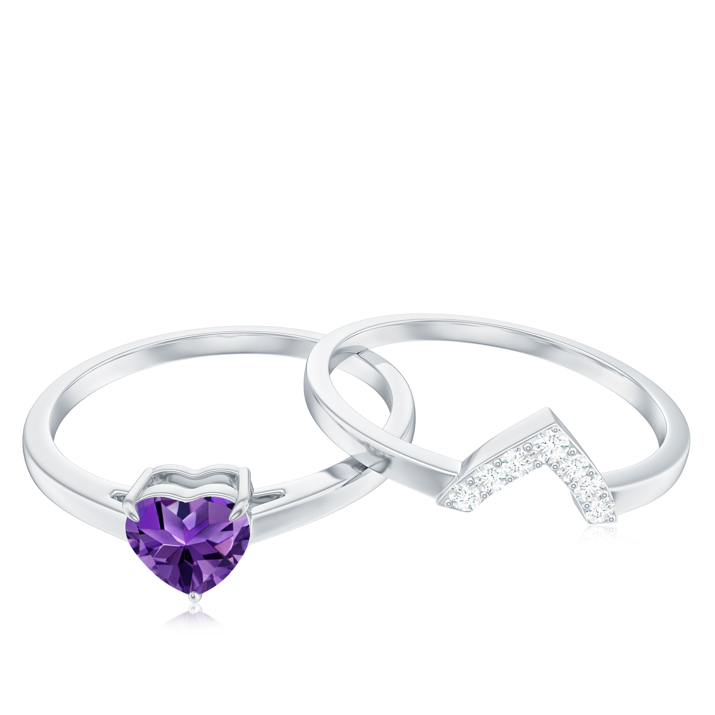 Natural Heart Shape Amethyst Engagement Ring Set with Diamond AAA - Rosec Jewels
