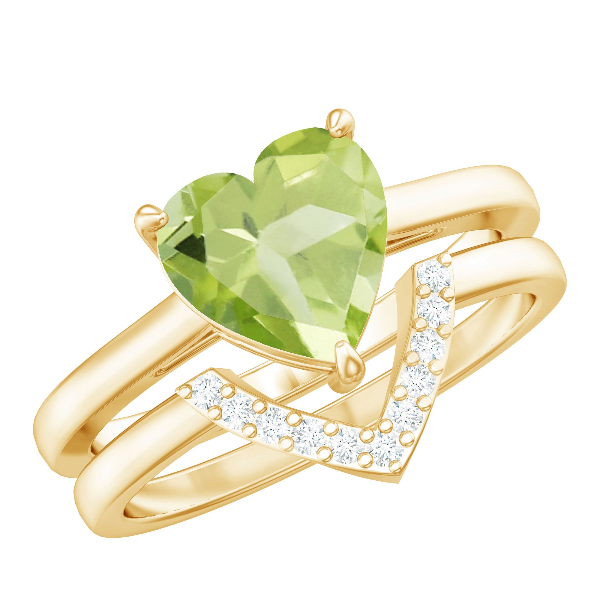 Natural 2 Carat Heart Shape Peridot Wedding Ring Set of 2 with Diamond AAA - Rosec Jewels