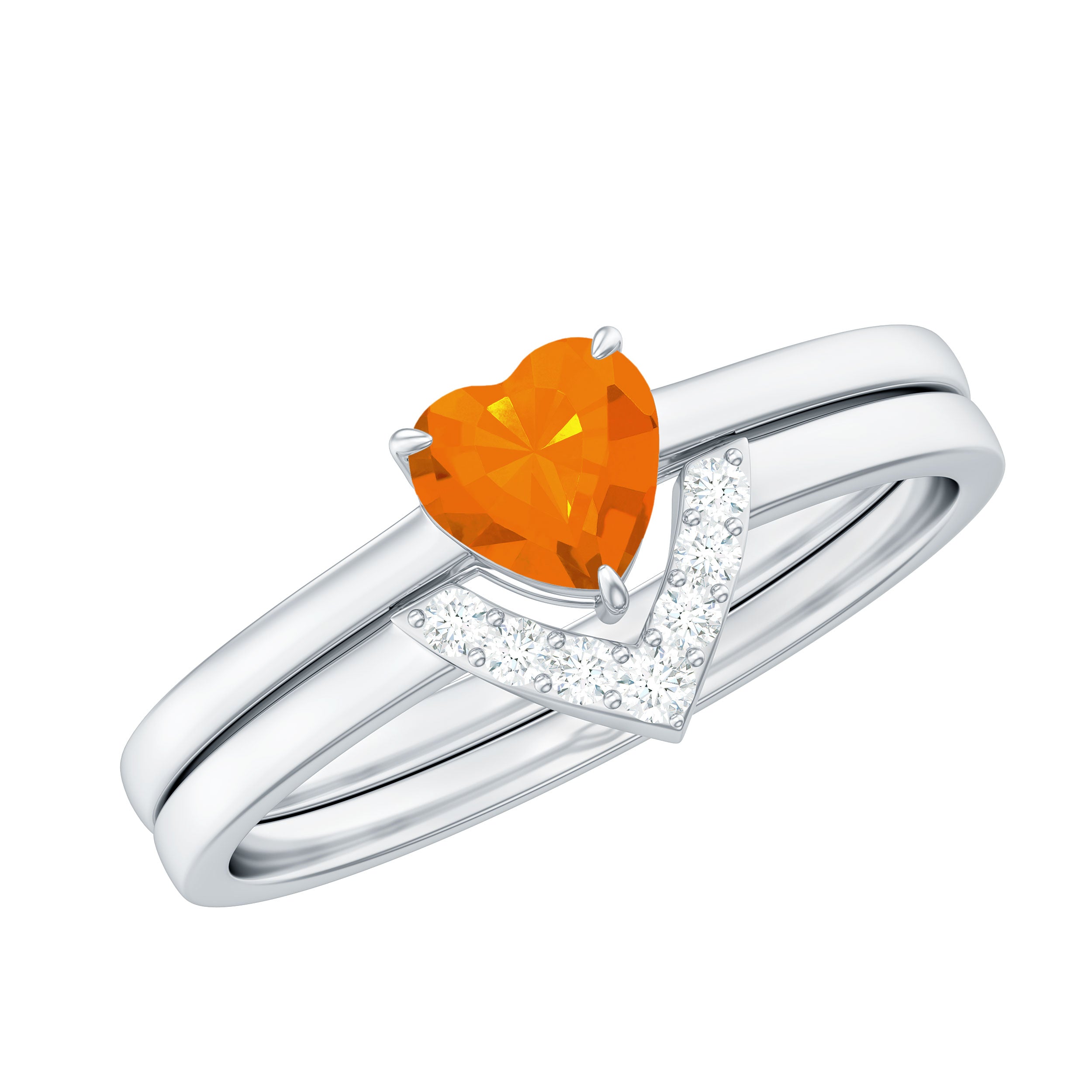 Natural Fire Opal Heart Solitaire Ring Set with Diamond Band