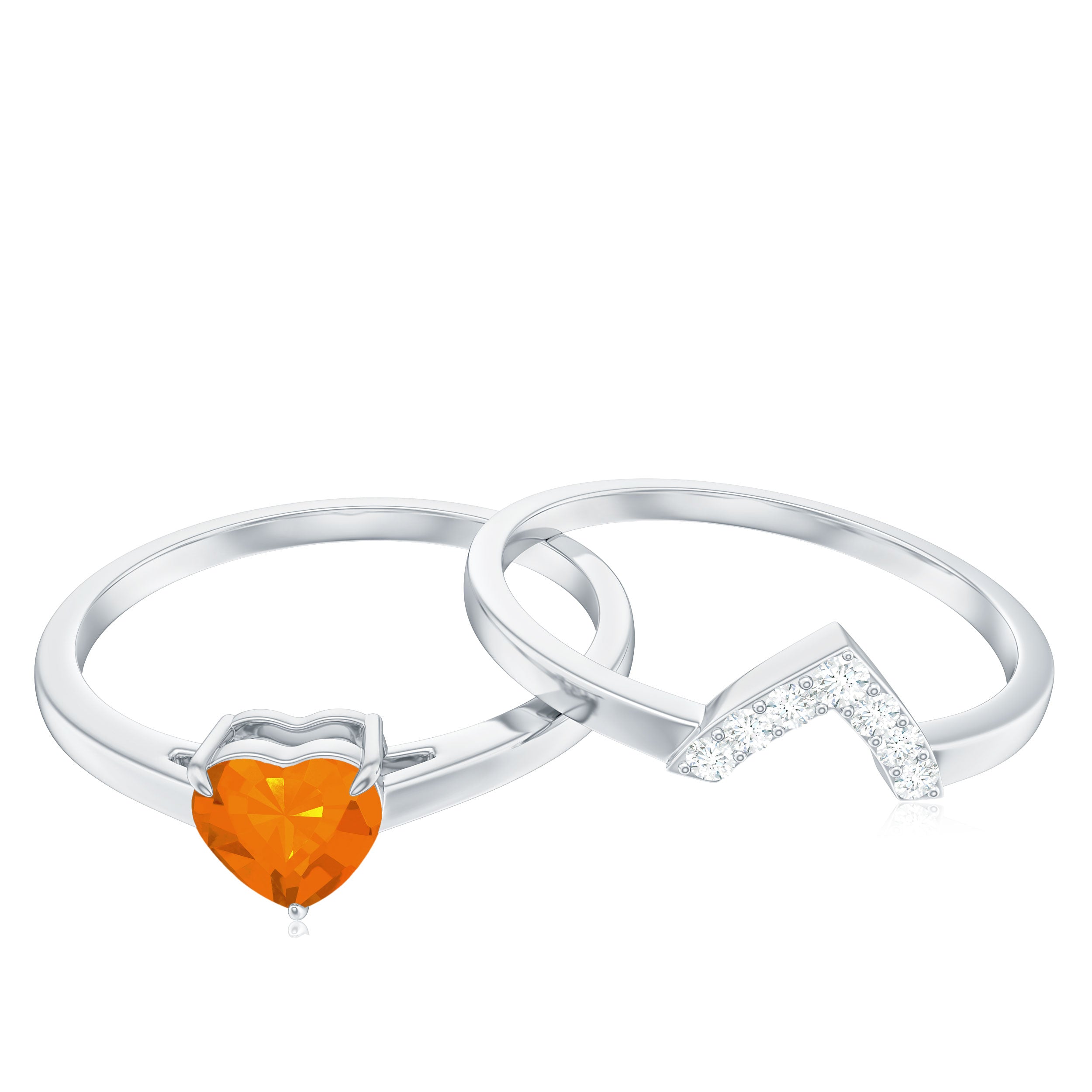 Rosec Jewels-Natural Fire Opal Heart Solitaire Ring Set with Diamond Band