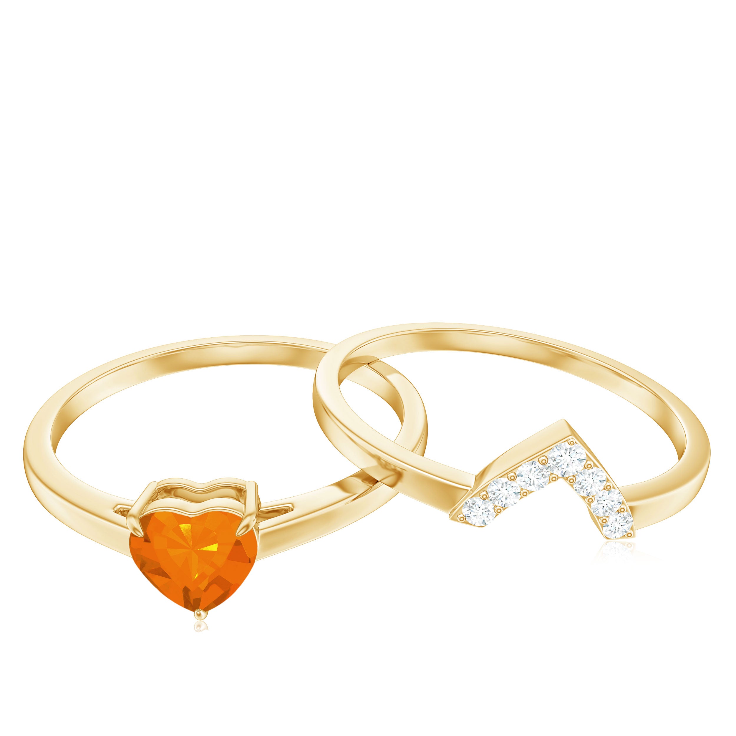 Rosec Jewels-Natural Fire Opal Heart Solitaire Ring Set with Diamond Band