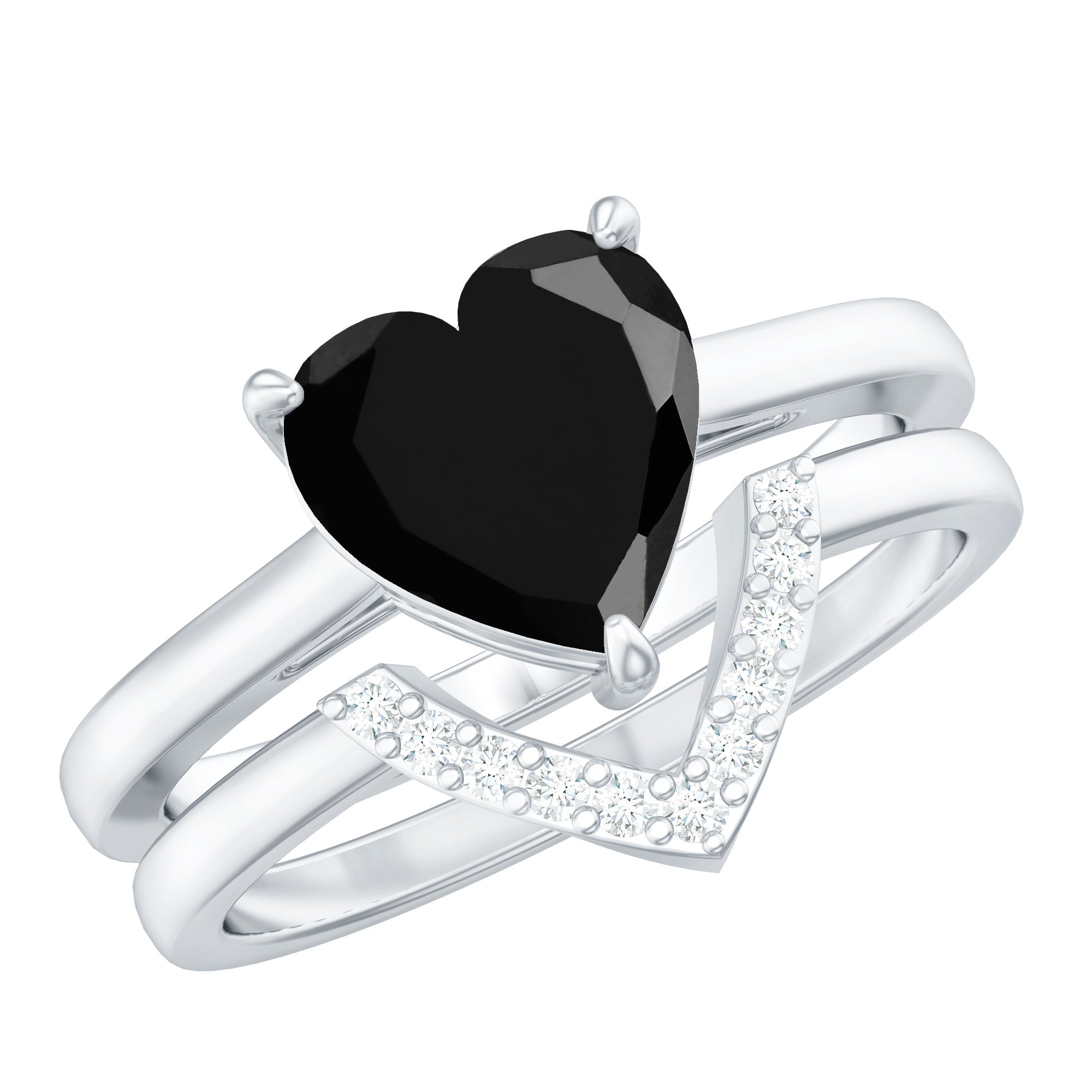 Heart Shaped Black Onyx Engagement Ring with Diamond Enhancer AAA - Rosec Jewels