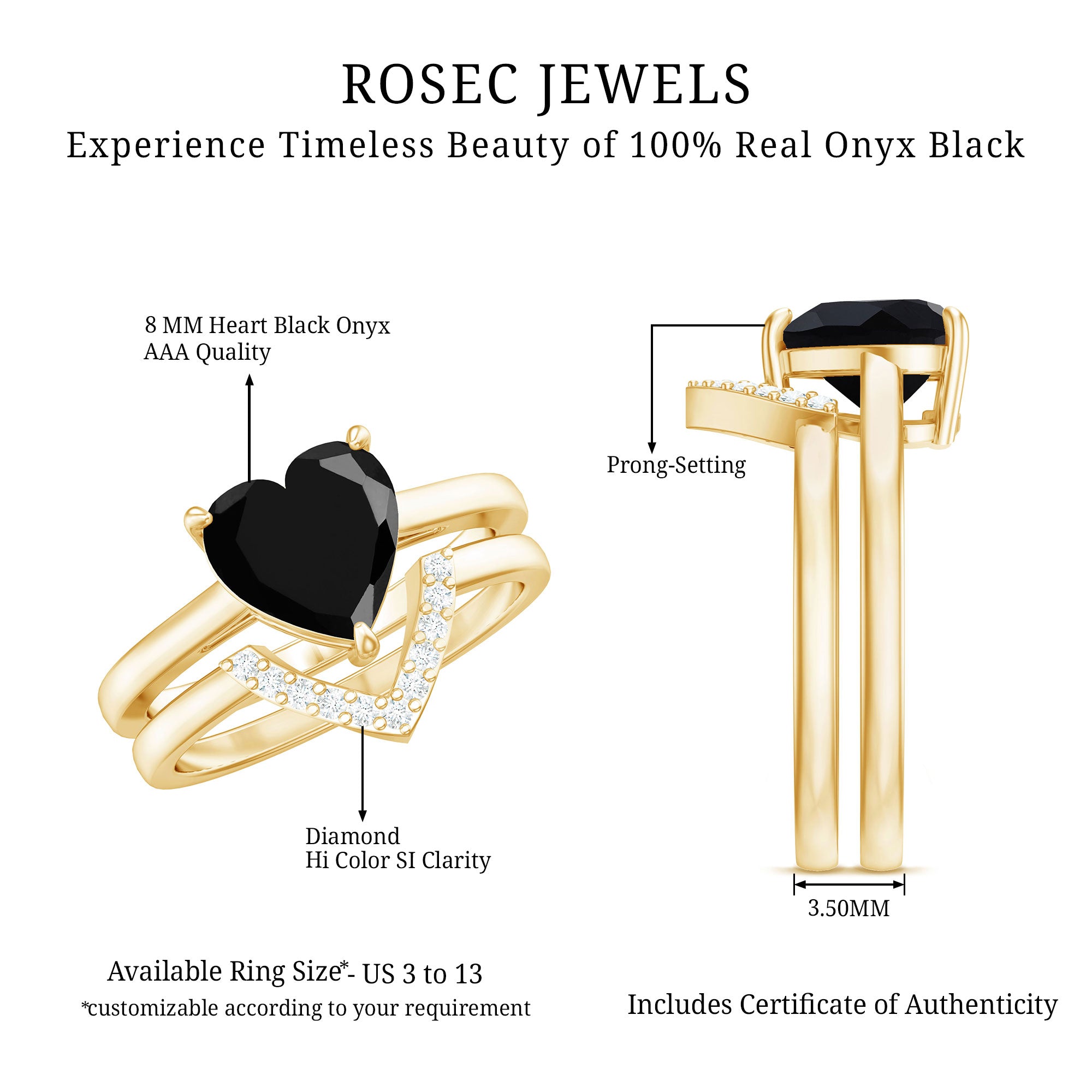 Heart Shaped Black Onyx Engagement Ring with Diamond Enhancer AAA - Rosec Jewels