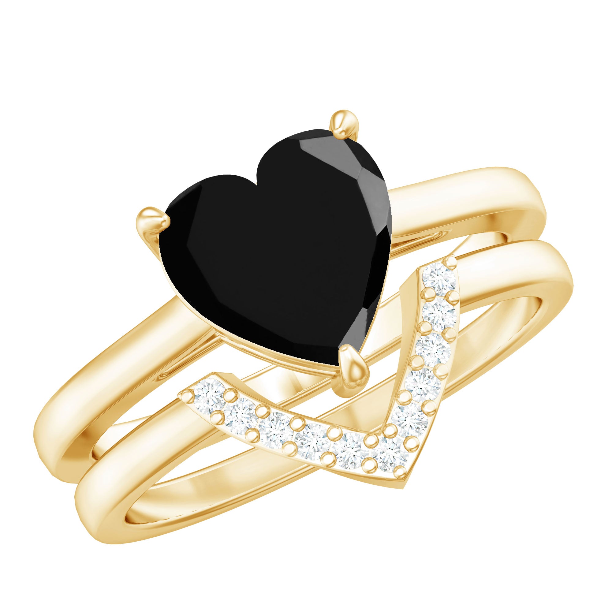 Natural Black Spinel Diamond 2 Carat Heart Engagement and Wedding Ring Set of 2 AAA - Rosec Jewels