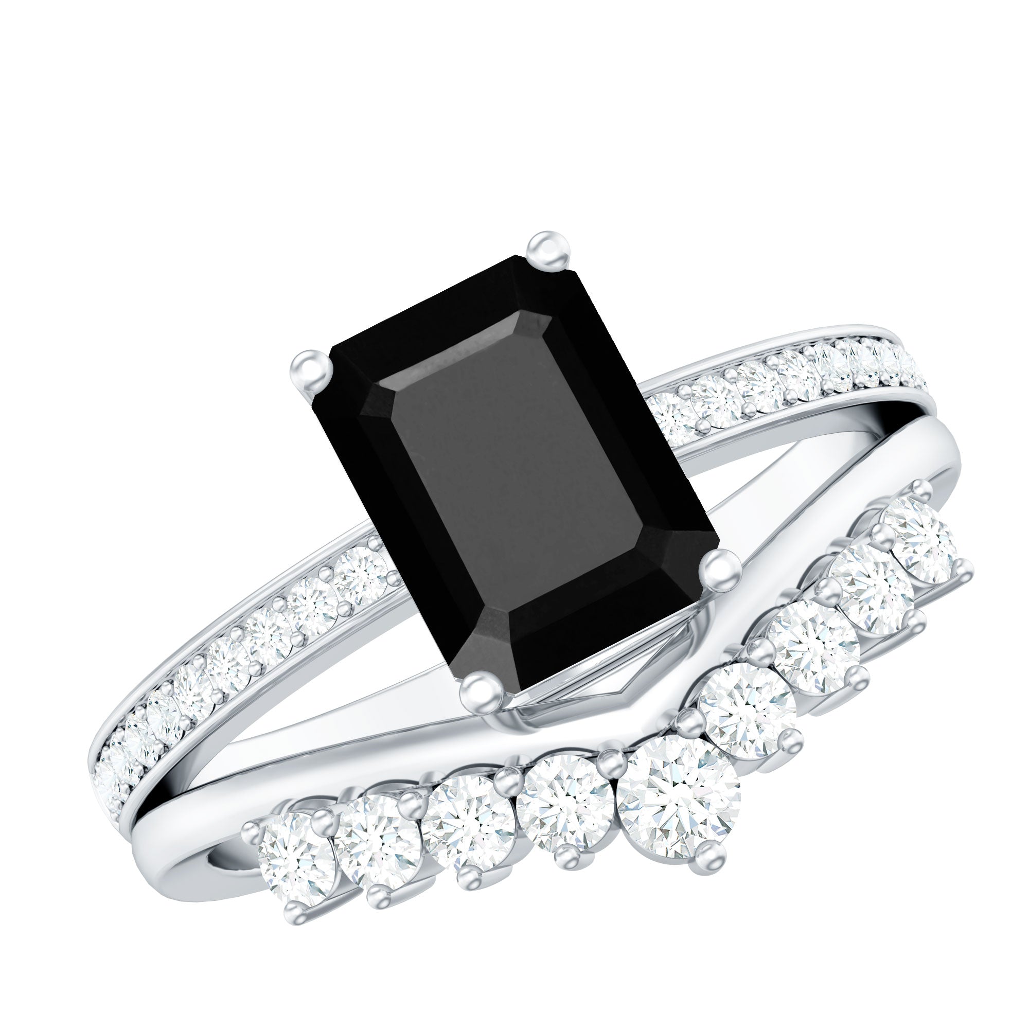 Emerald Cut Created Black Diamond and Diamond Engagement Ring Set AAAA ( Synthetic ) - Rosec Jewels