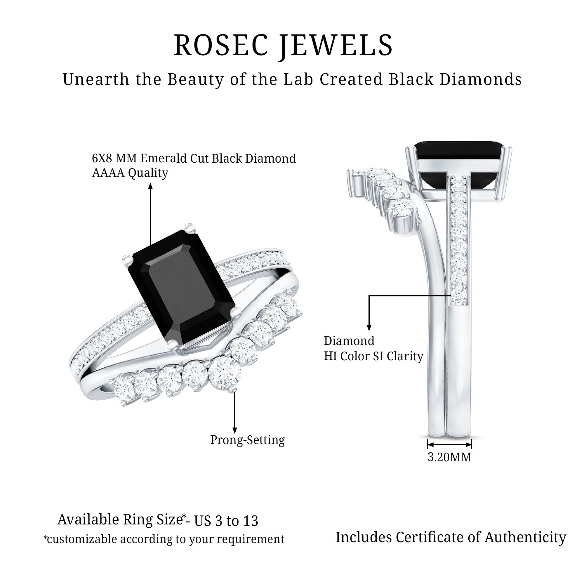 Emerald Cut Created Black Diamond and Diamond Engagement Ring Set AAAA ( Synthetic ) - Rosec Jewels