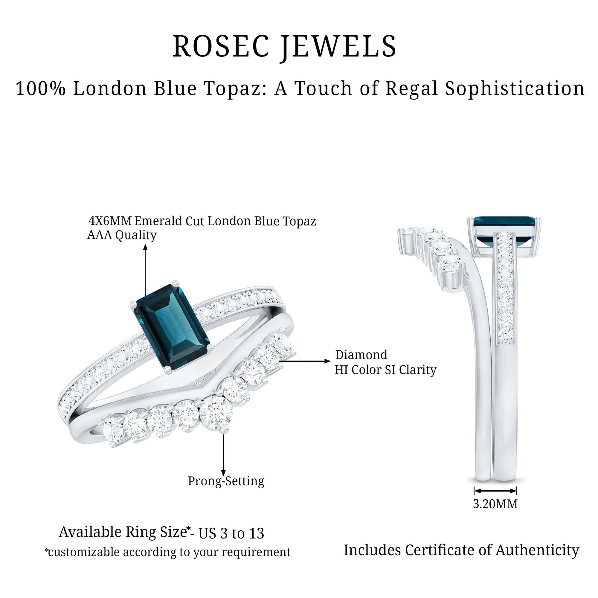 London Blue Topaz Engagement Ring with Diamond Wedding Band AAA - Rosec Jewels