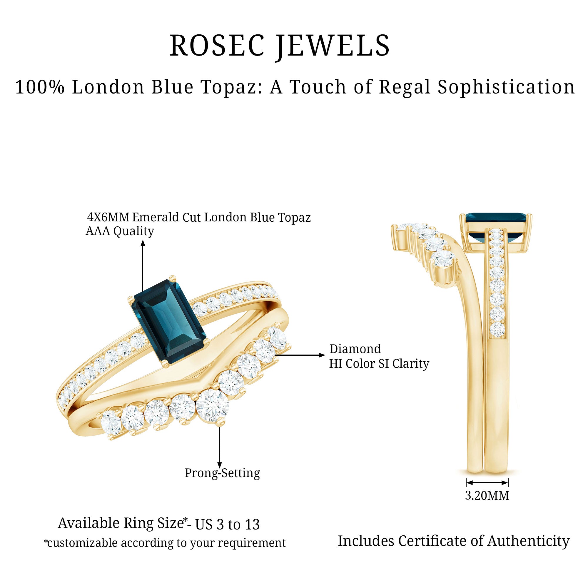 London Blue Topaz Engagement Ring with Diamond Wedding Band AAA - Rosec Jewels