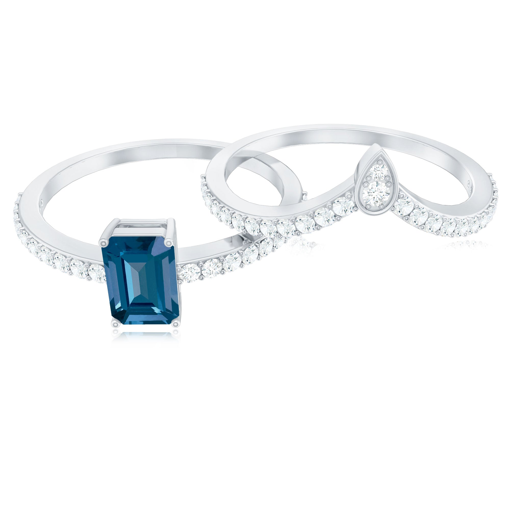 Genuine London Blue Topaz Emerald Cut Engagement Ring Set with Diamond Band AAA - Rosec Jewels
