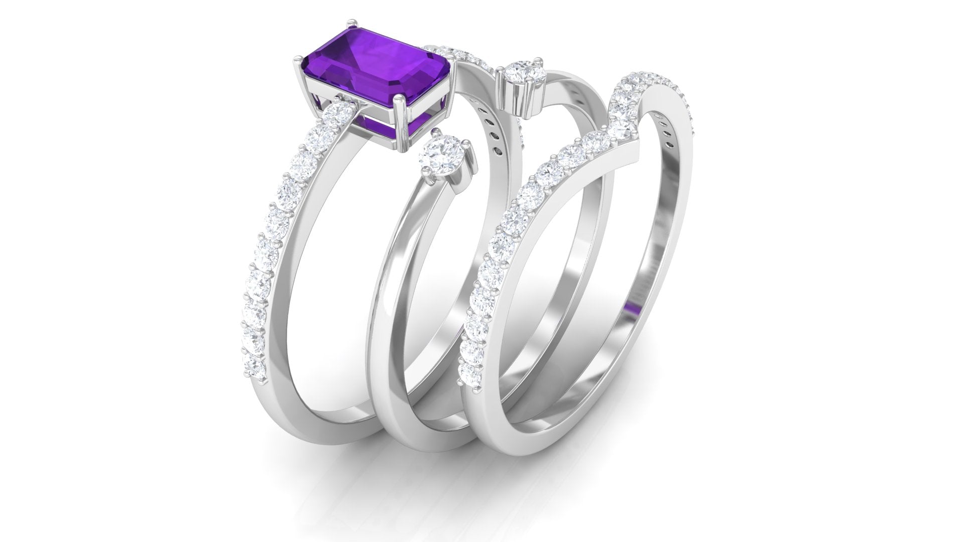 Natural 1.4 Carat Emerald Cut Amethyst Diamond 3 Piece Bridal Ring Set AAA - Rosec Jewels