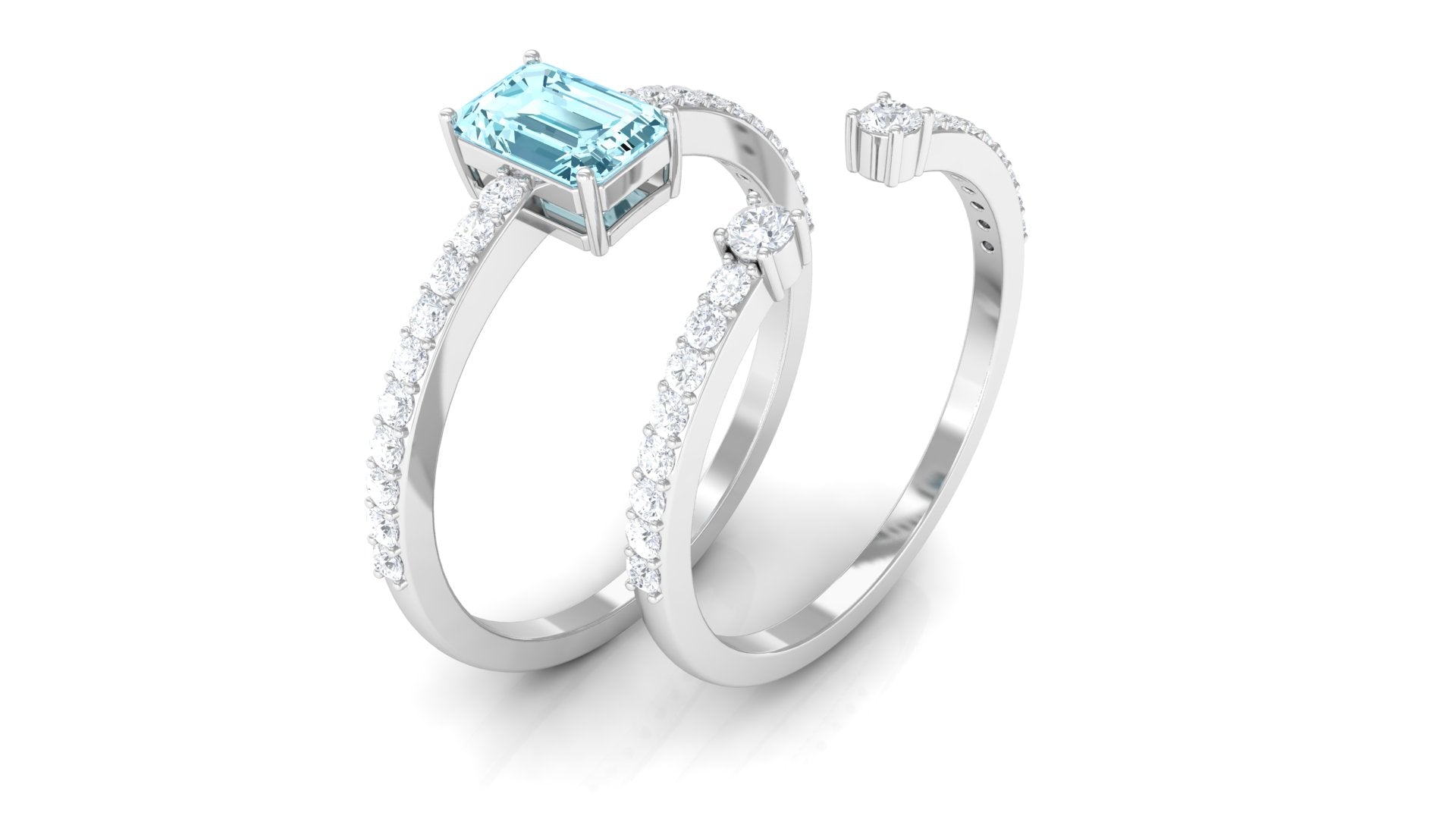 Natural 0.6 Carat Aquamarine and Diamond Emerald Cut Bridal Ring Set AAA - Rosec Jewels