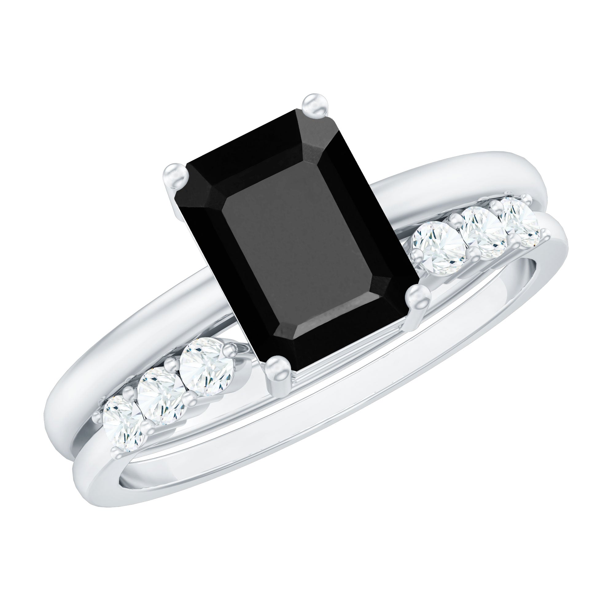 Certified 1.6 Carat Lab Grown Black Diamond Emerald Engagement Ring with White Diamond Enhancer AAAA ( Synthetic ) - Rosec Jewels