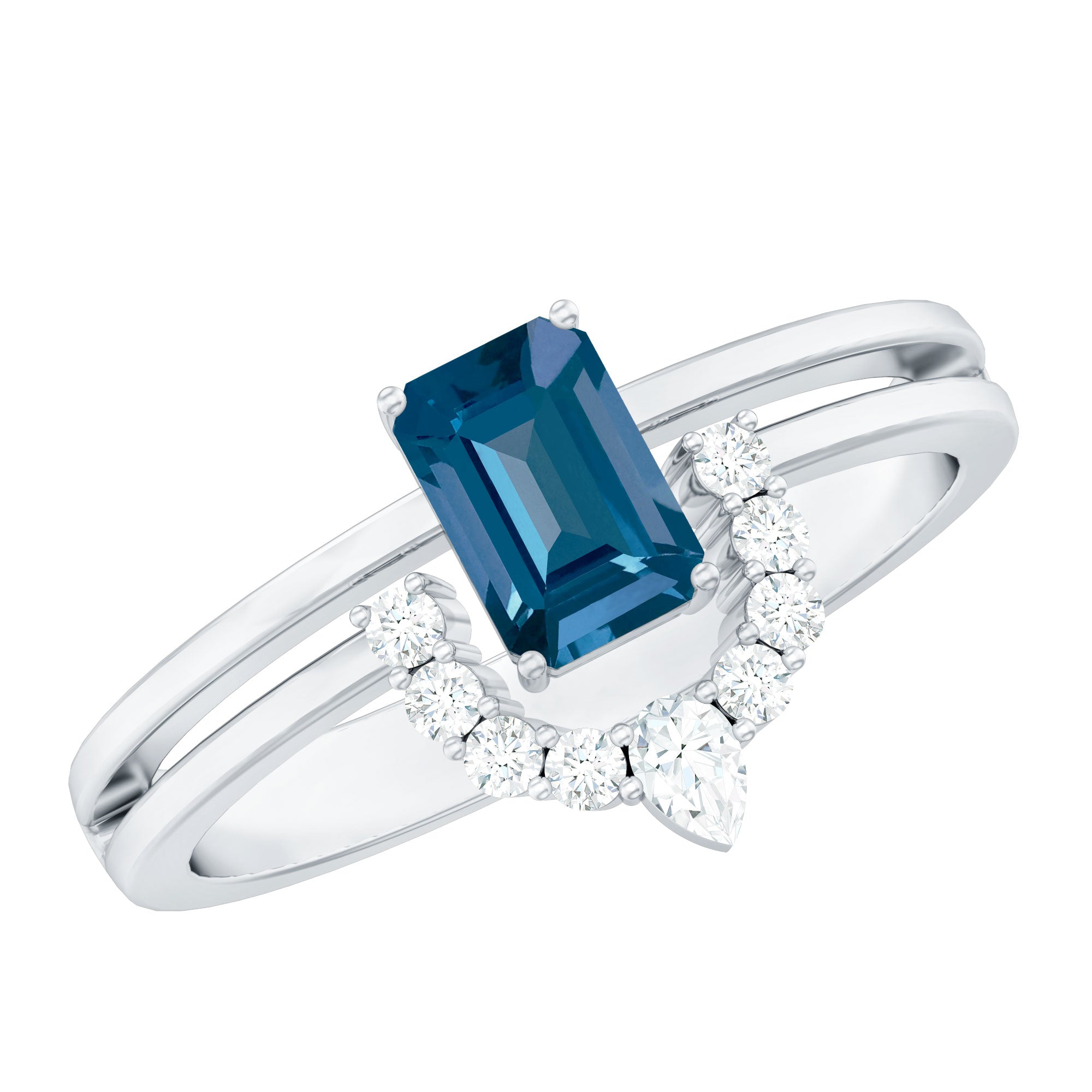 Emerald Cut London Blue Topaz Double Band Engagement Ring with Diamond AAA - Rosec Jewels