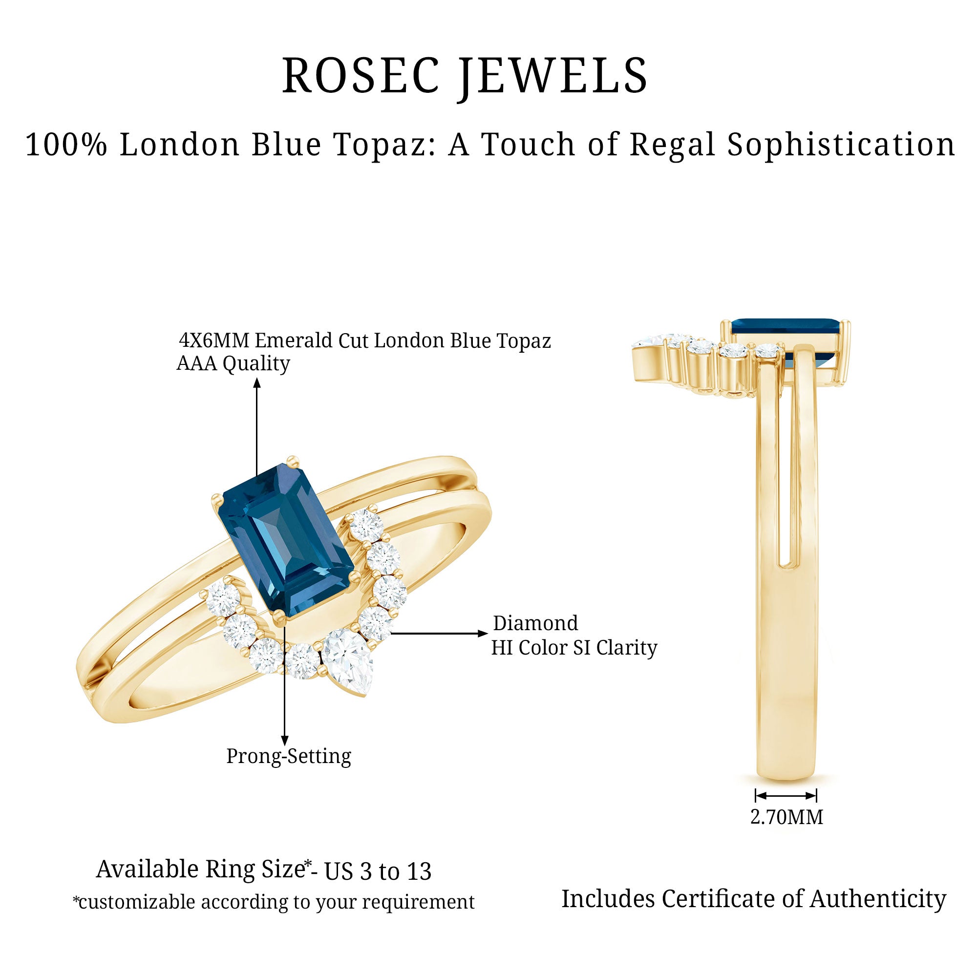 Emerald Cut London Blue Topaz Double Band Engagement Ring with Diamond AAA - Rosec Jewels