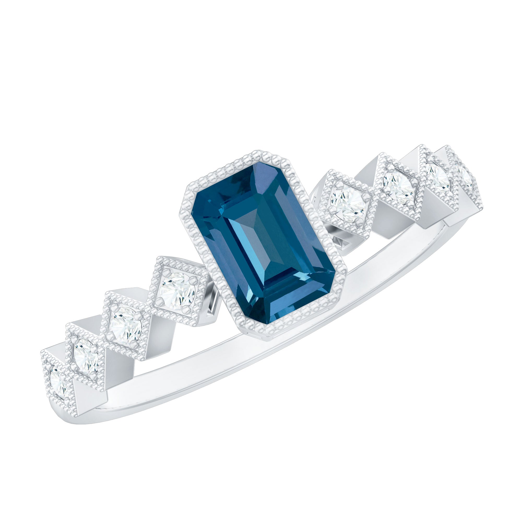4X6mm Emerald Cut London Blue Topaz Engagement Ring with Beaded Details