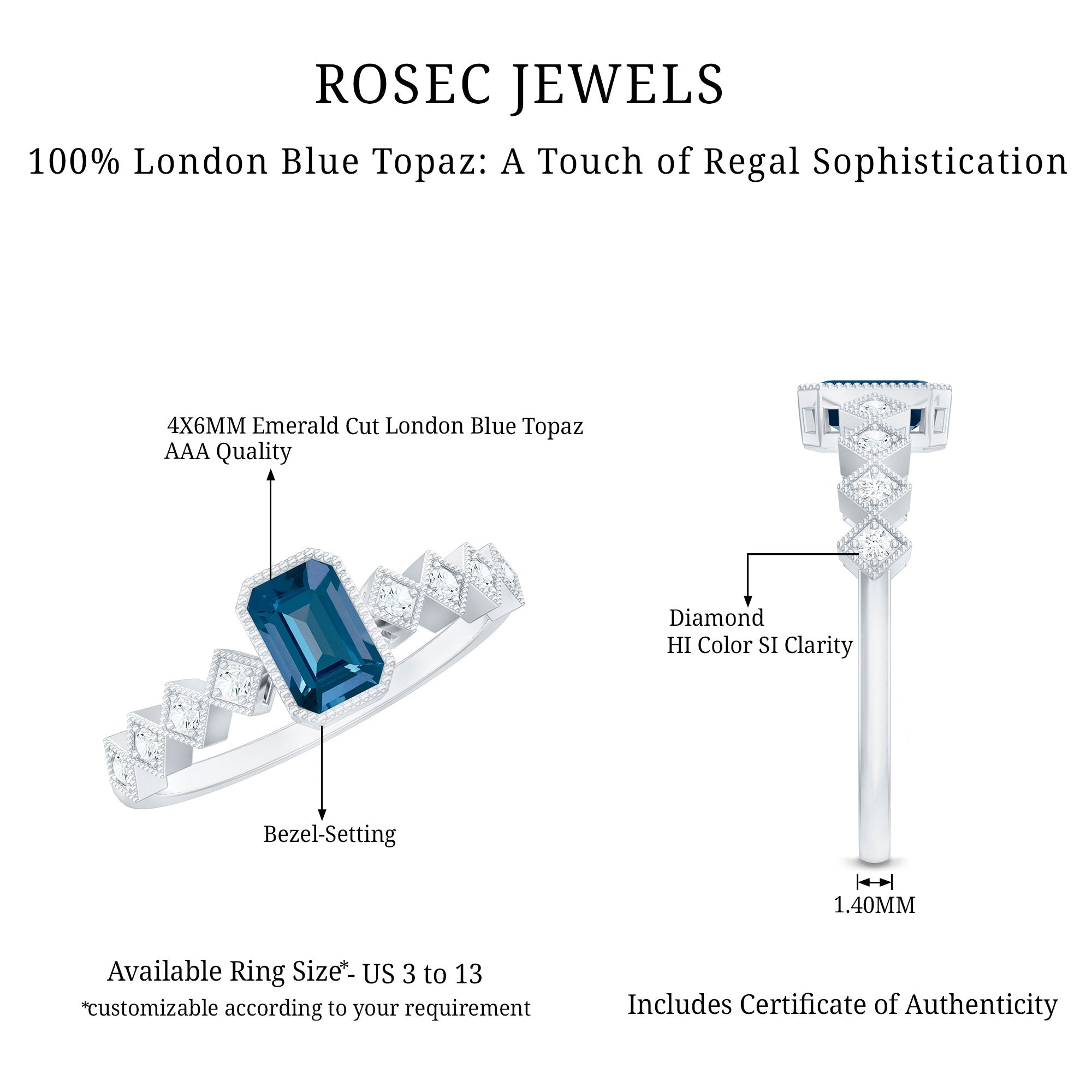4X6mm Emerald Cut London Blue Topaz Engagement Ring with Beaded Details AAA - Rosec Jewels