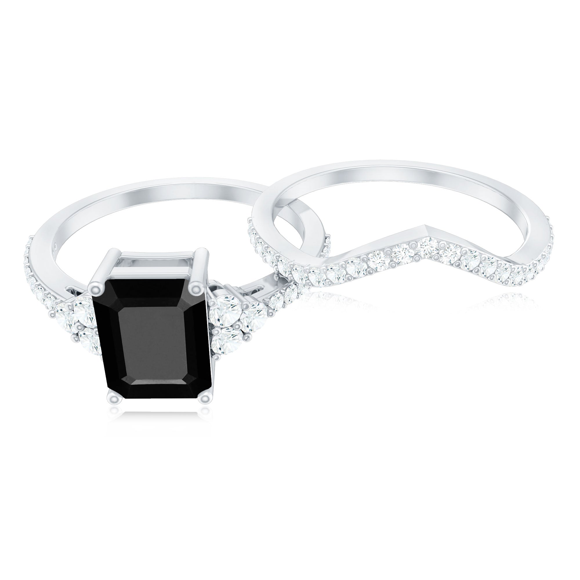 Certified 1.6 Carat Emerald Cut Lab Grown Black and White Diamond Wedding Ring Set AAAA ( Synthetic ) - Rosec Jewels