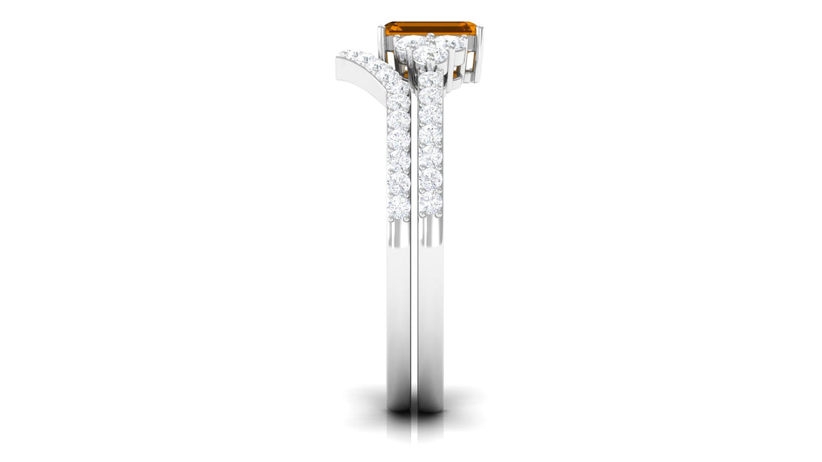Real Citrine Emerald Cut Engagement Ring with Wedding Band AAA - Rosec Jewels