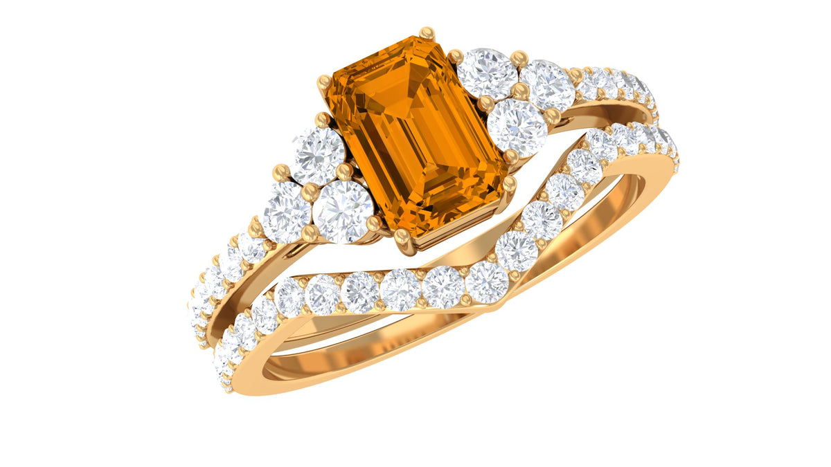 Real Citrine Emerald Cut Engagement Ring with Wedding Band AAA - Rosec Jewels